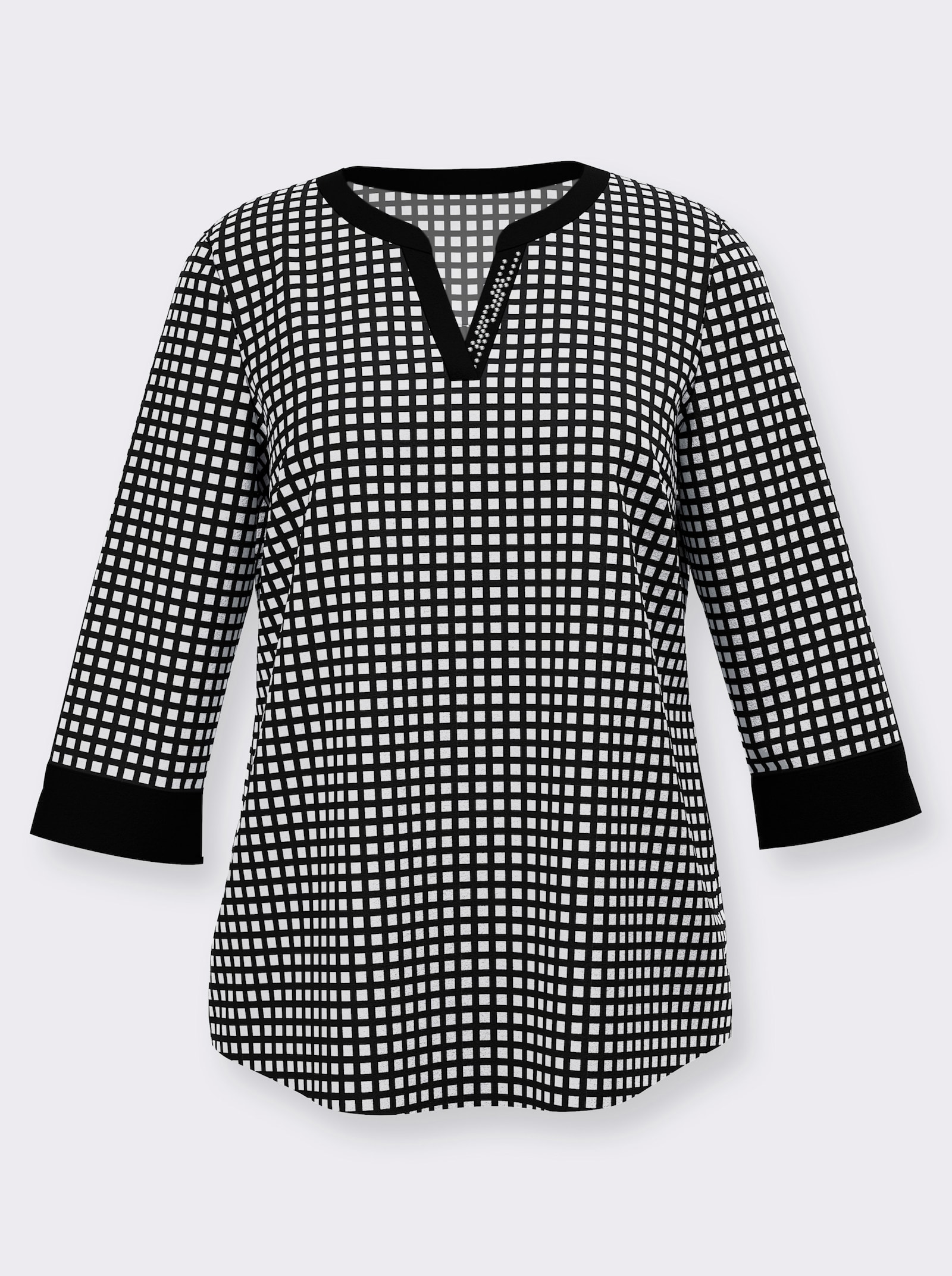 Druckbluse mit Kellerfalte hinten - schwarz-ecru-bedruckt