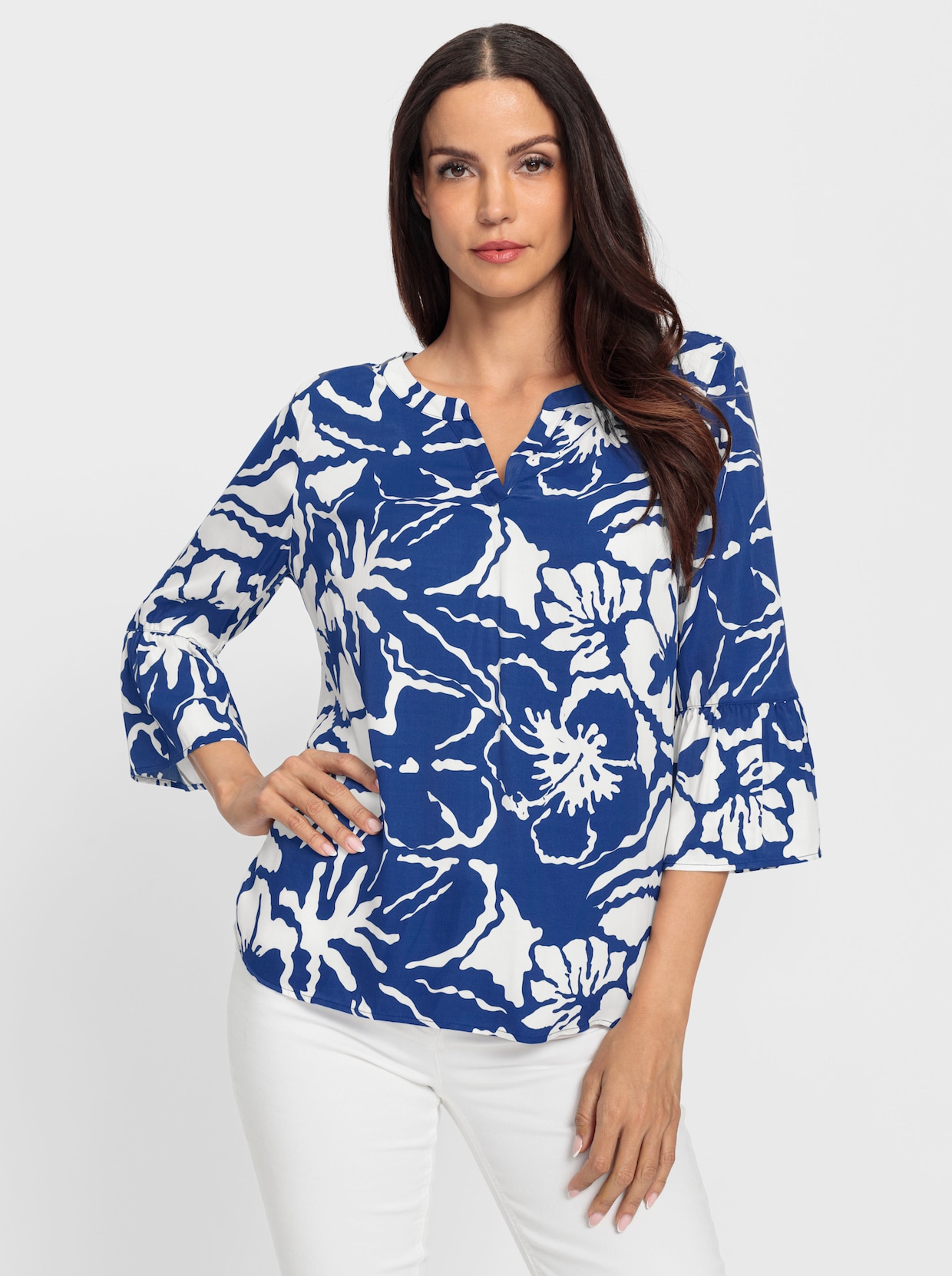 heine Druckbluse - royalblau-ecru-bedruckt