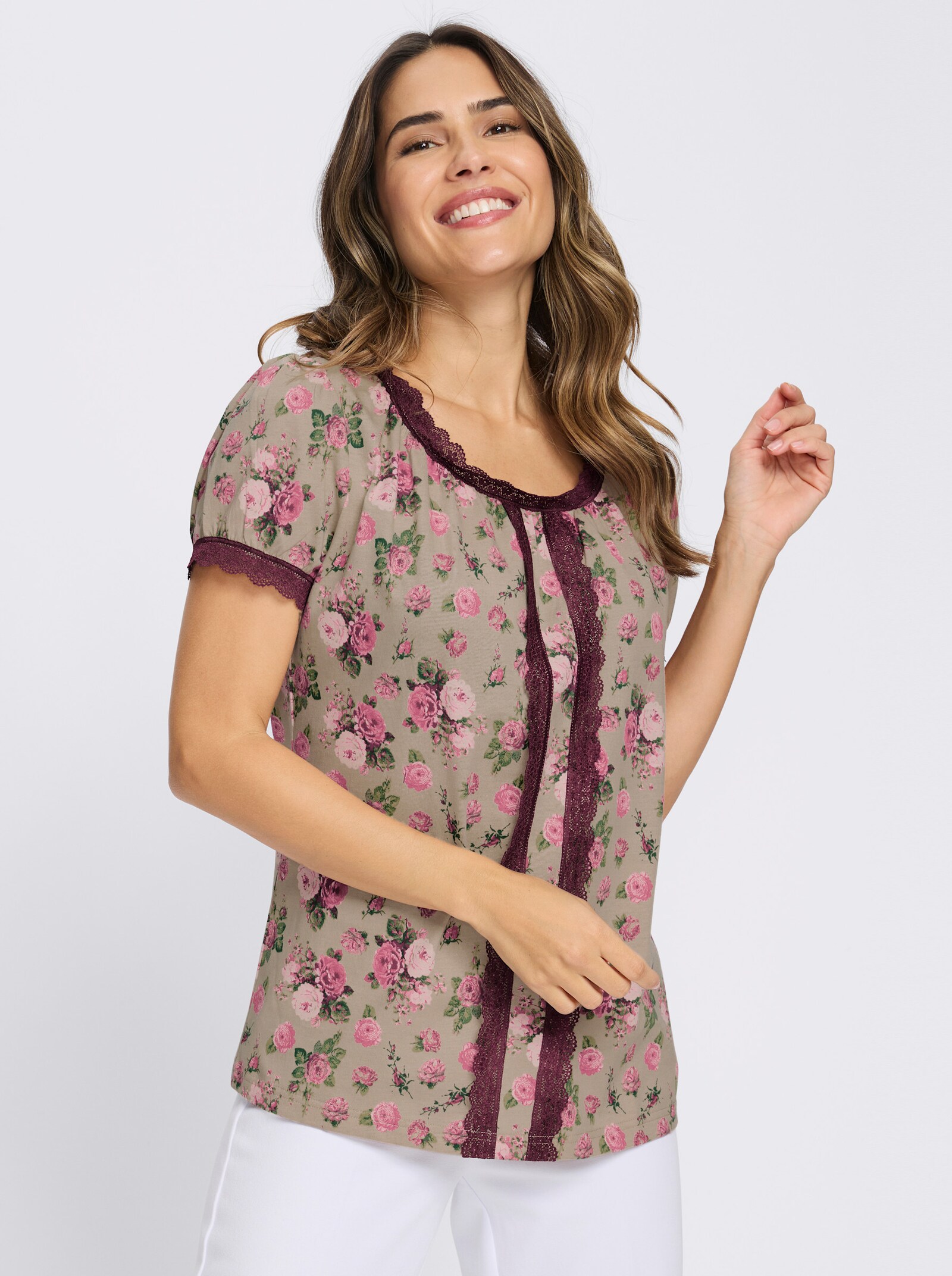 Trachtenshirt mit Spitzen-Details - beige-kirsche-bedruckt