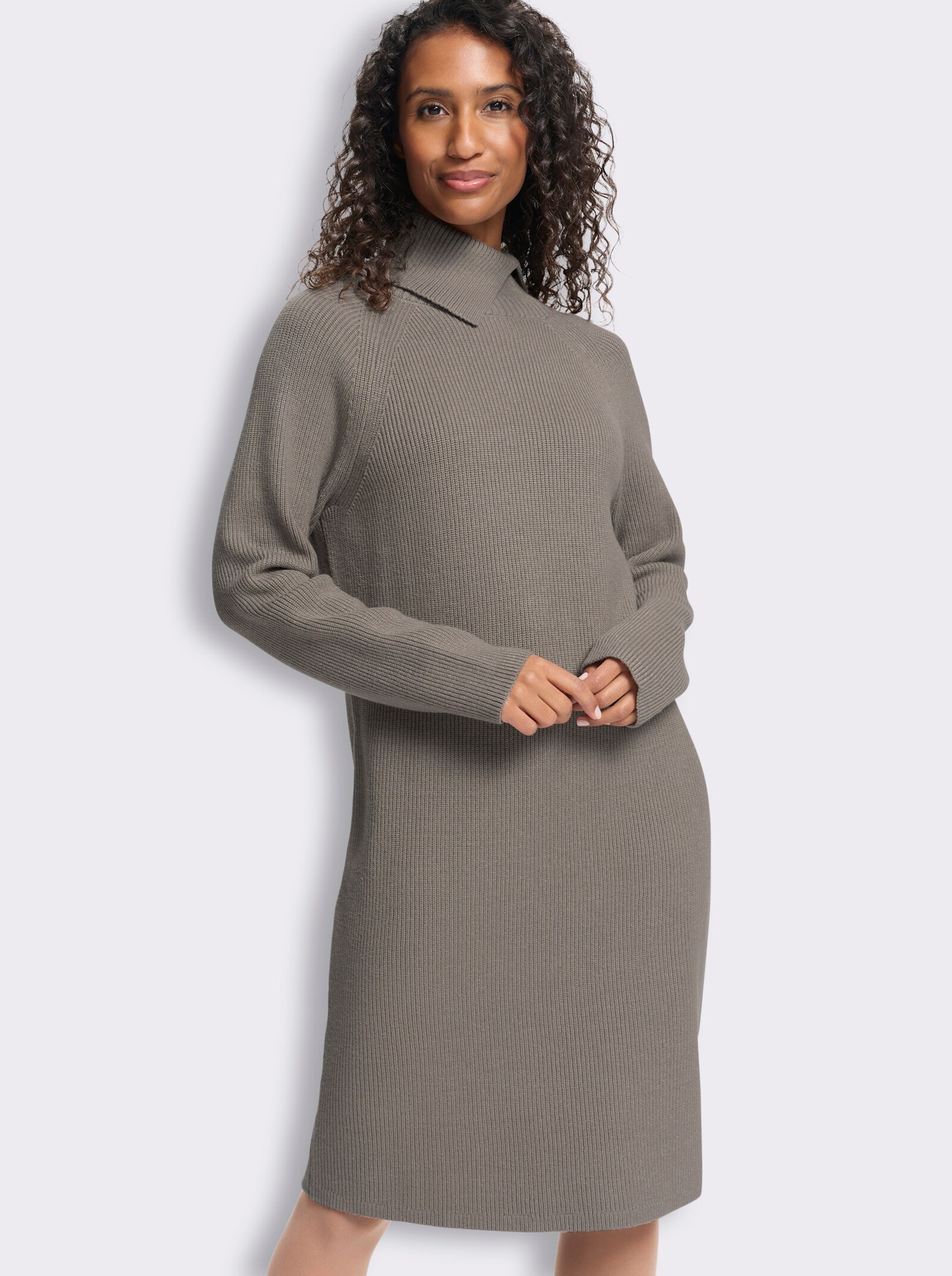 heine Strickkleid mit Umlegekragen - taupe-meliert