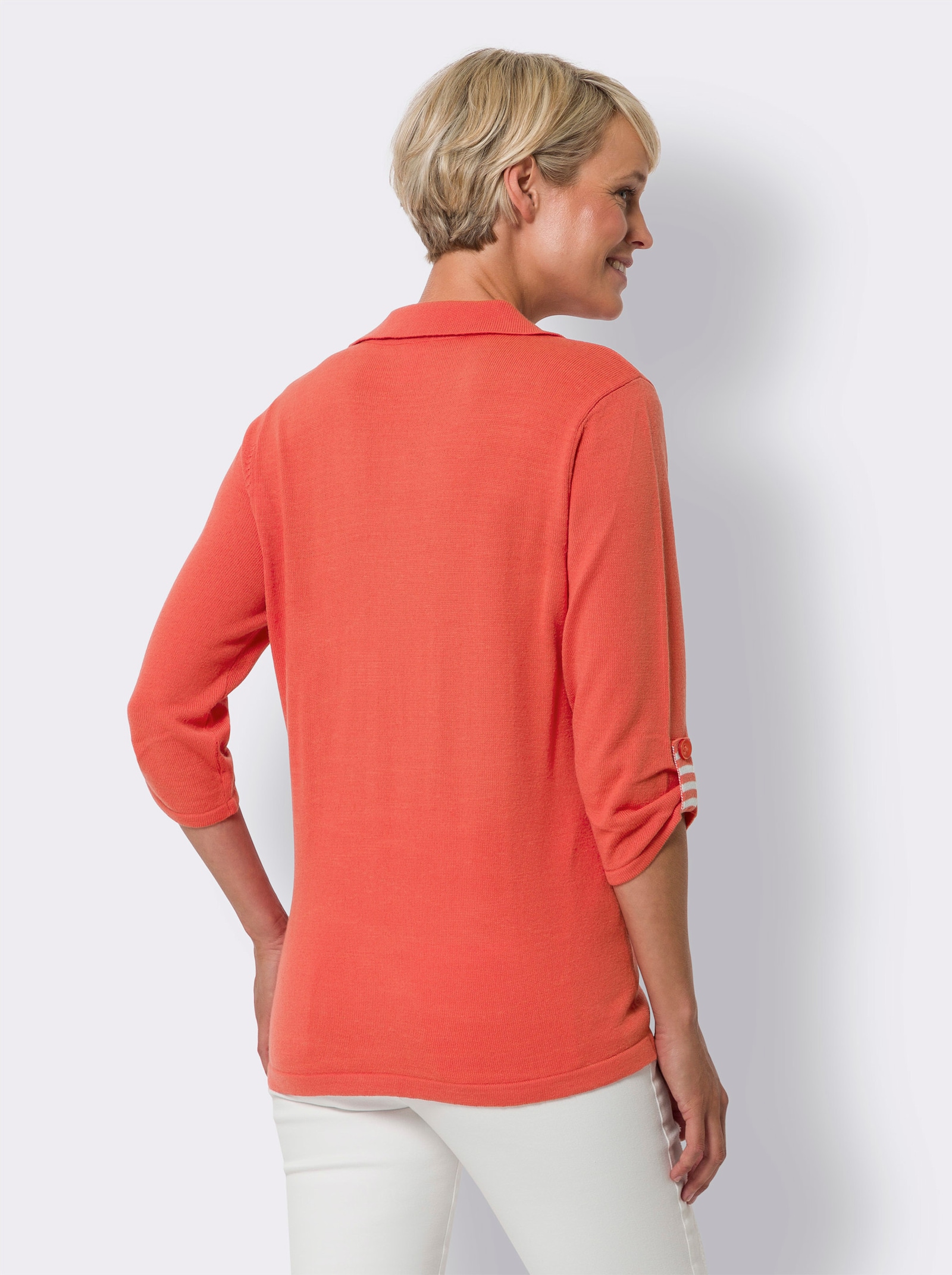 2-in-1-pullover met gestreepte inzetten - grapefruit/wit gedessineerd