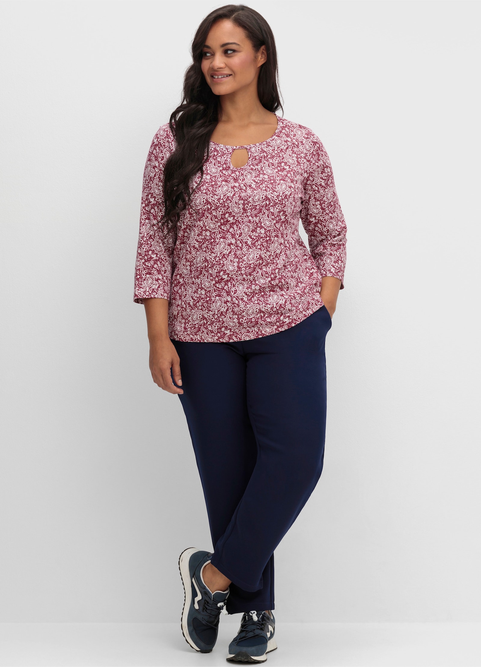 Print-Shirt mit Ausschnitt mit Schlitz - bordeaux-bedruckt