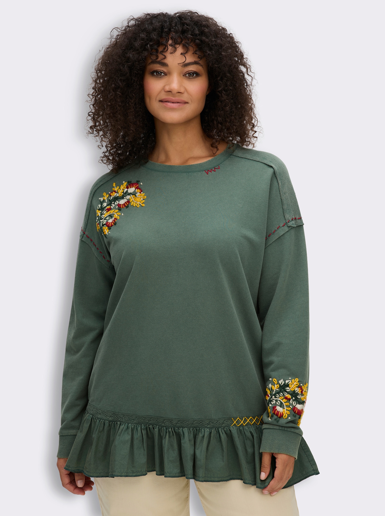 sheego by Joe Browns Sweatshirt mit Volant am Saum - moos