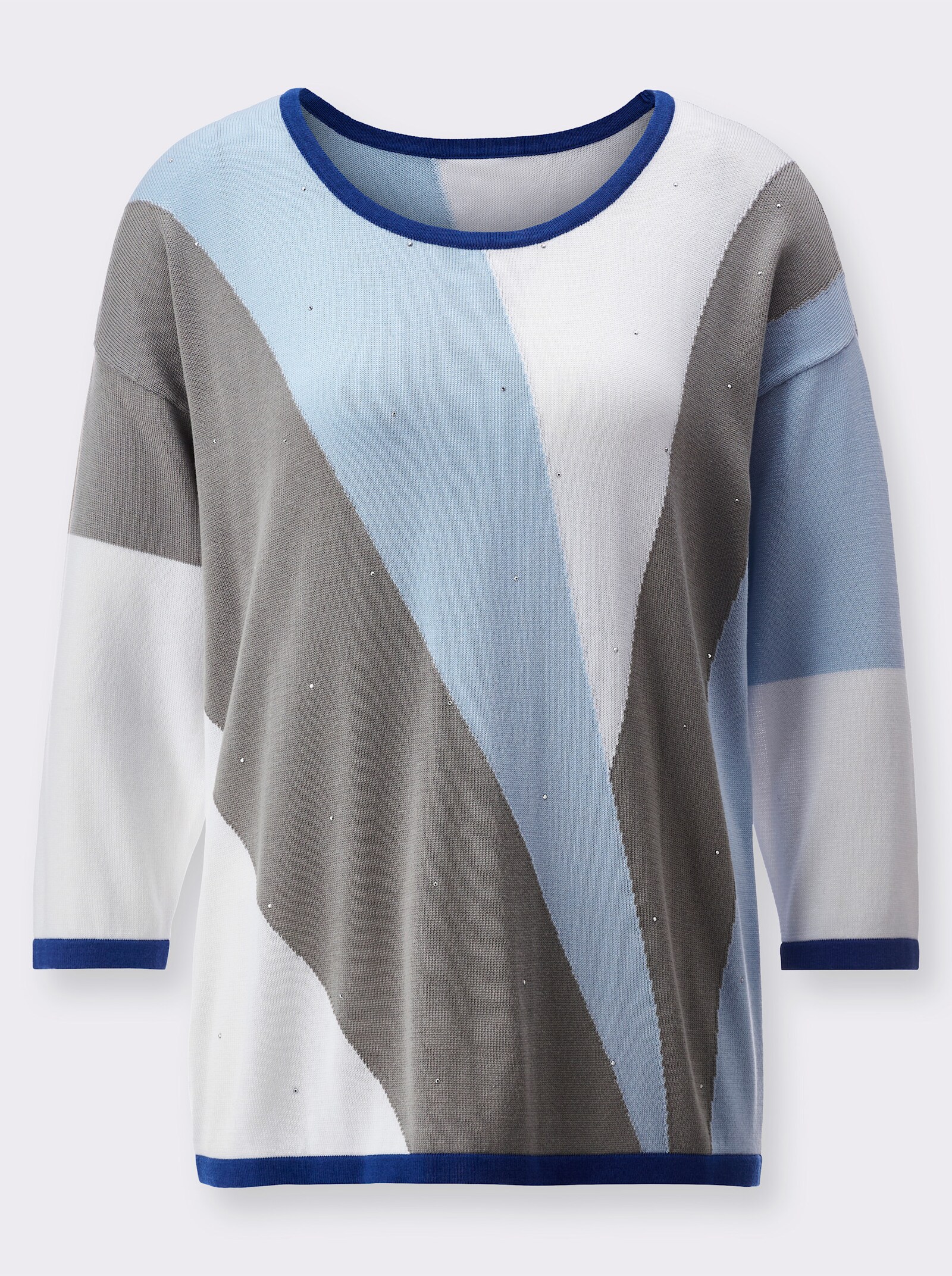 Jacquard-Pullover mit Glitzersteinchen - hellblau-ecru-gemustert