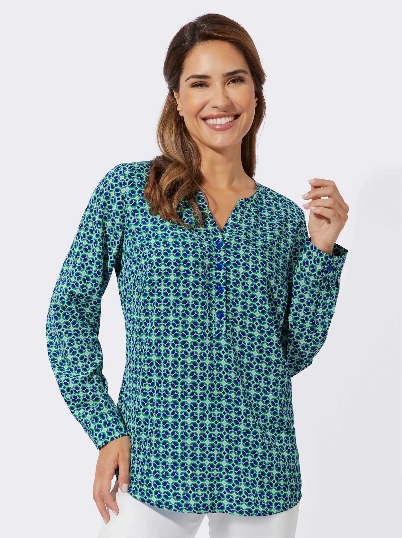 Comfortblouse in langer model, onderhoudsarm - ecru/koningsblauw bedrukt