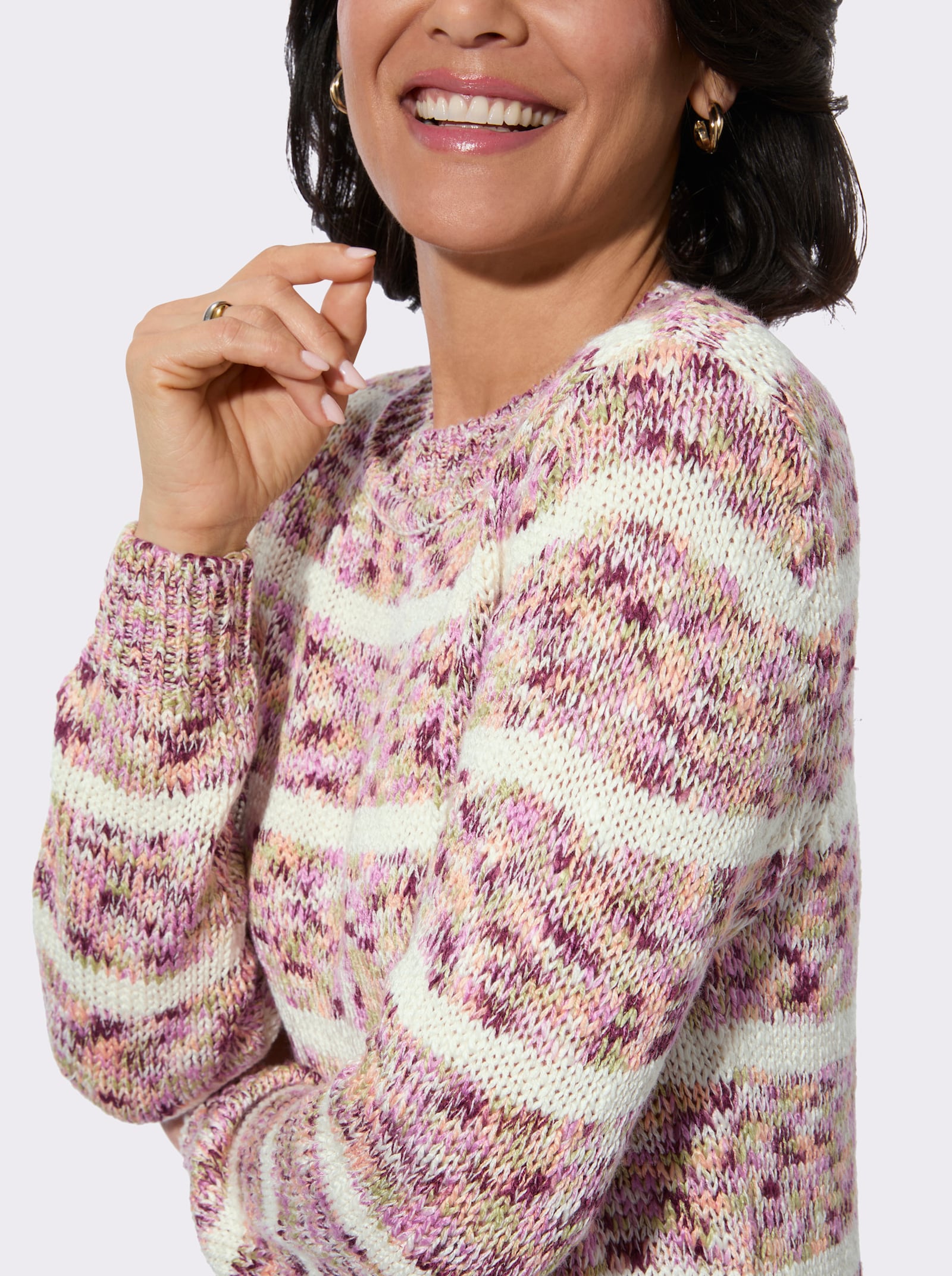 Rundhalspullover in Melange-Optik - mauve-ecru-geringelt