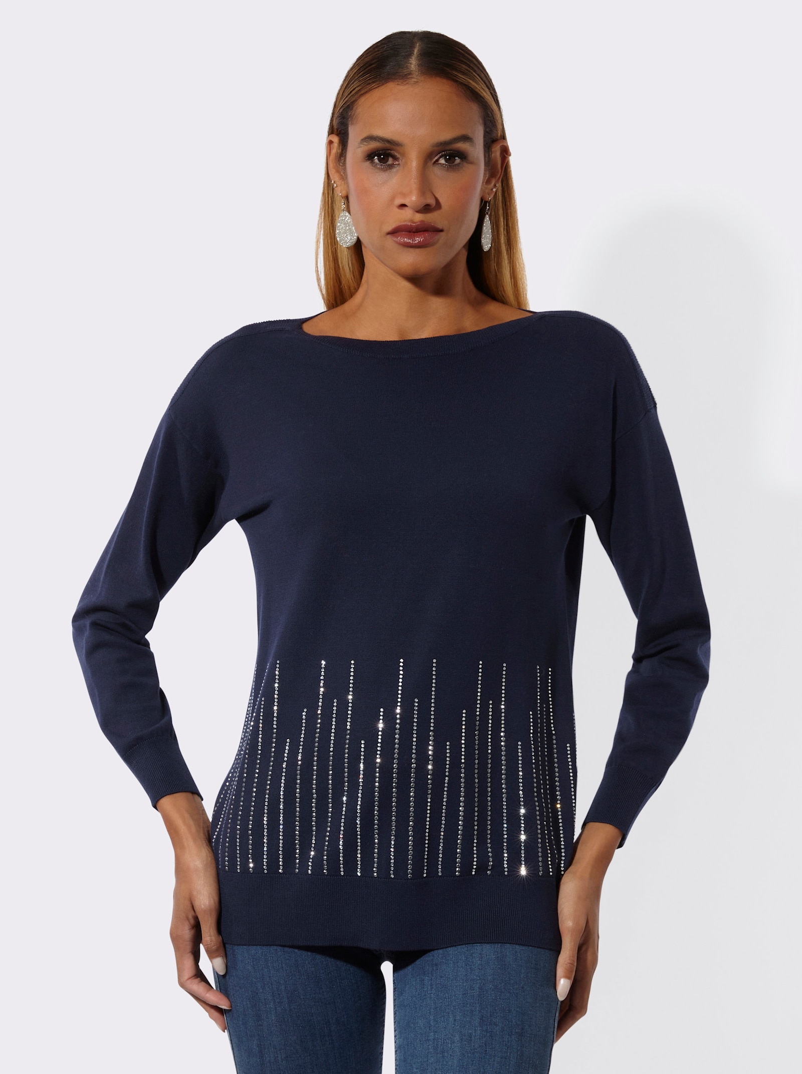 Langarm-Pullover mit U-Boot-Ausschnitt - marine