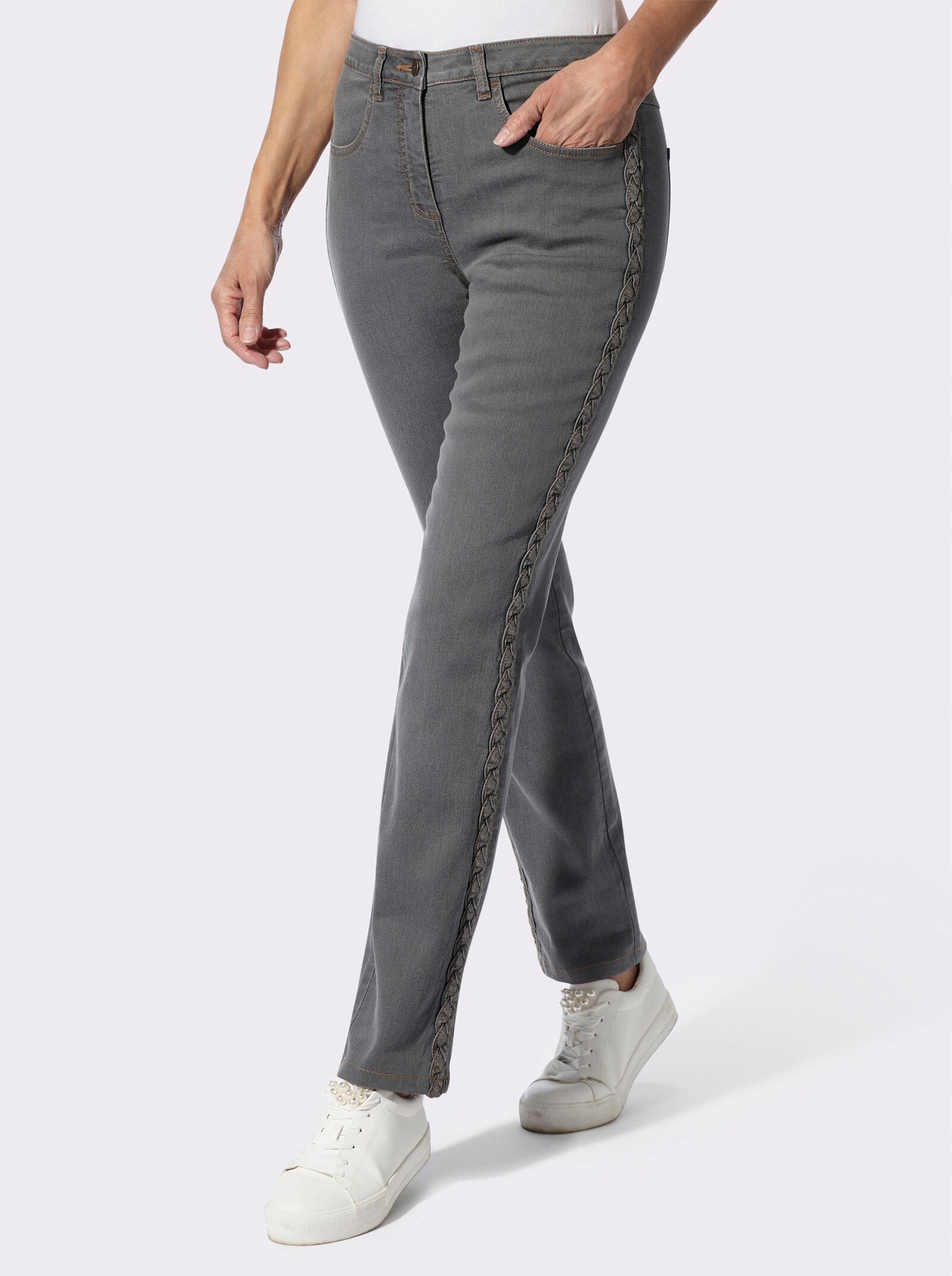 Jeans mit geflochtenem Zierband - grey denim