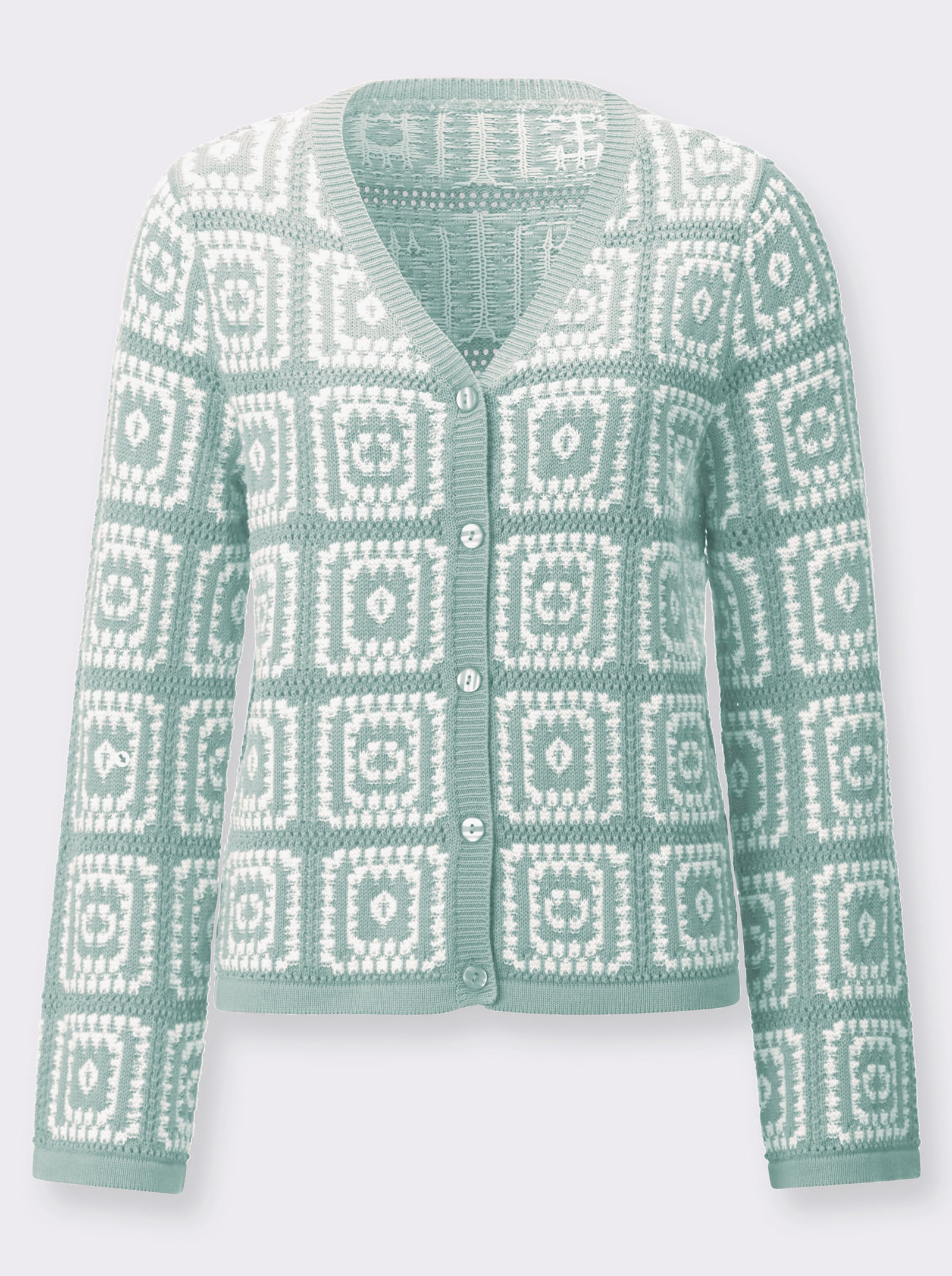 Strickjacke in Häkel-Optik - kalkmint-weiß