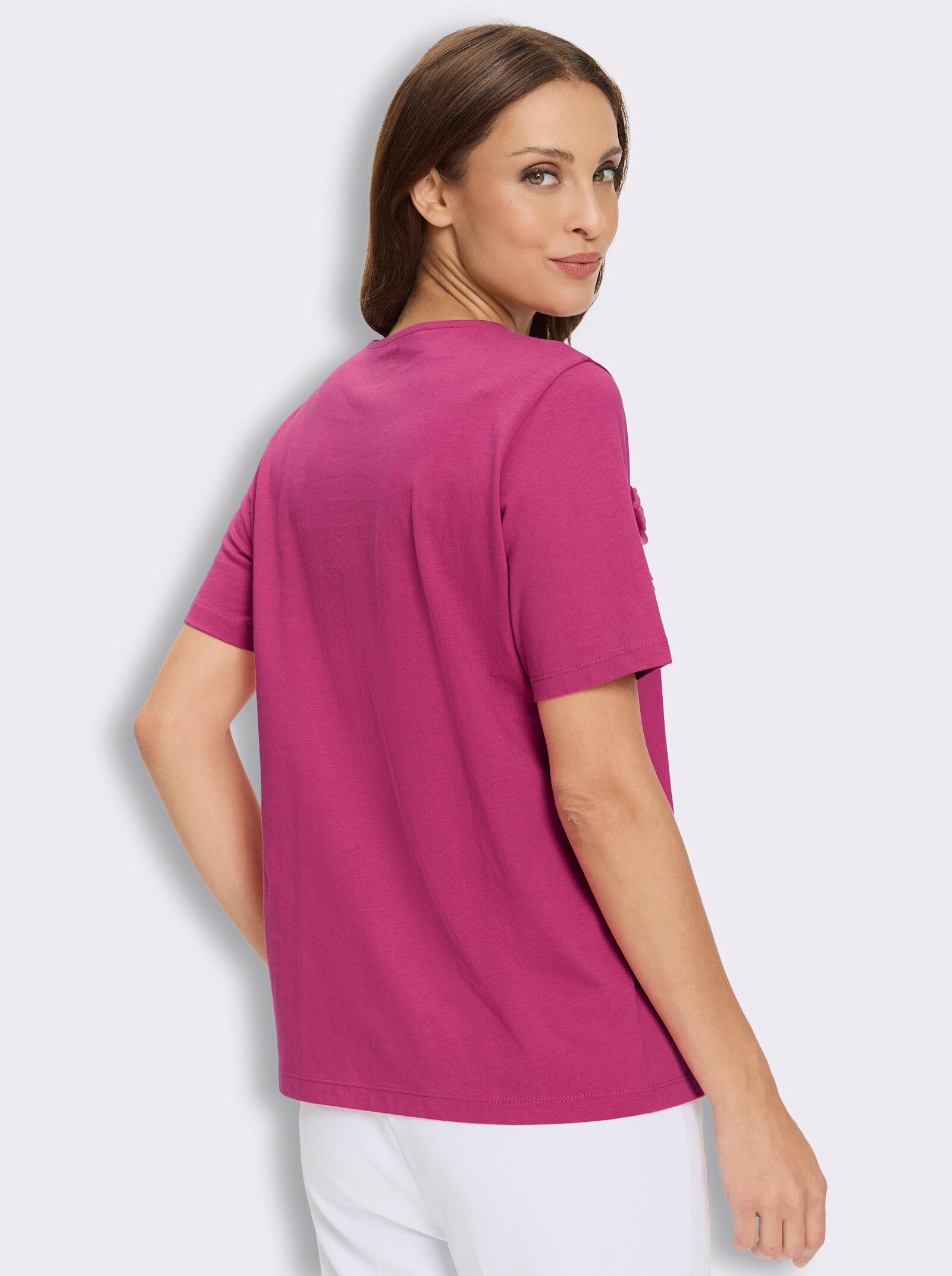 Kurzarmshirt mit Blüten-Applikation - fuchsia