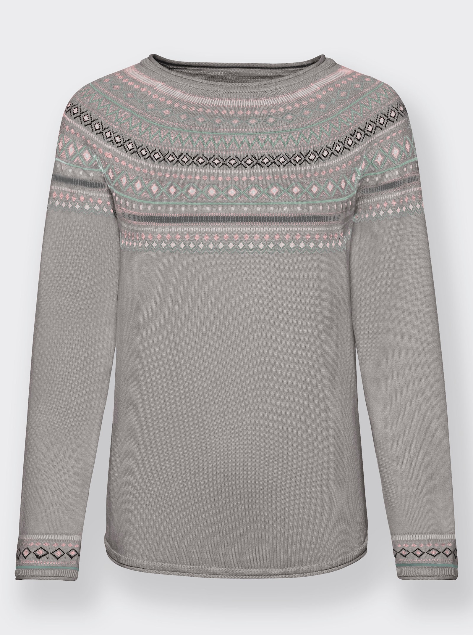 Norwegerpullover aus reiner Baumwolle - grau-meliert-gemustert