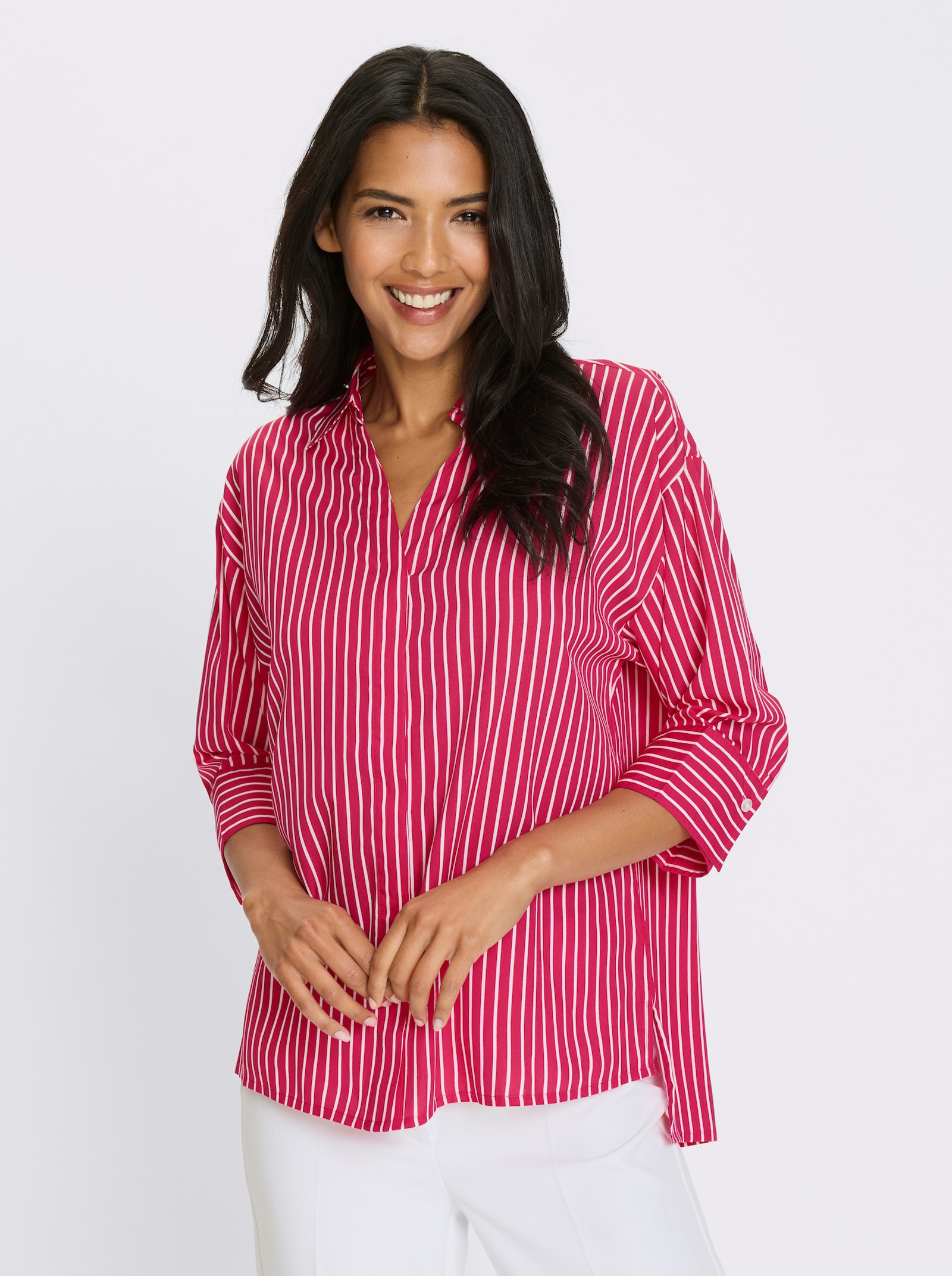 Longbluse mit Kellerfalte im Rückteil - weiss-pink-gestreift