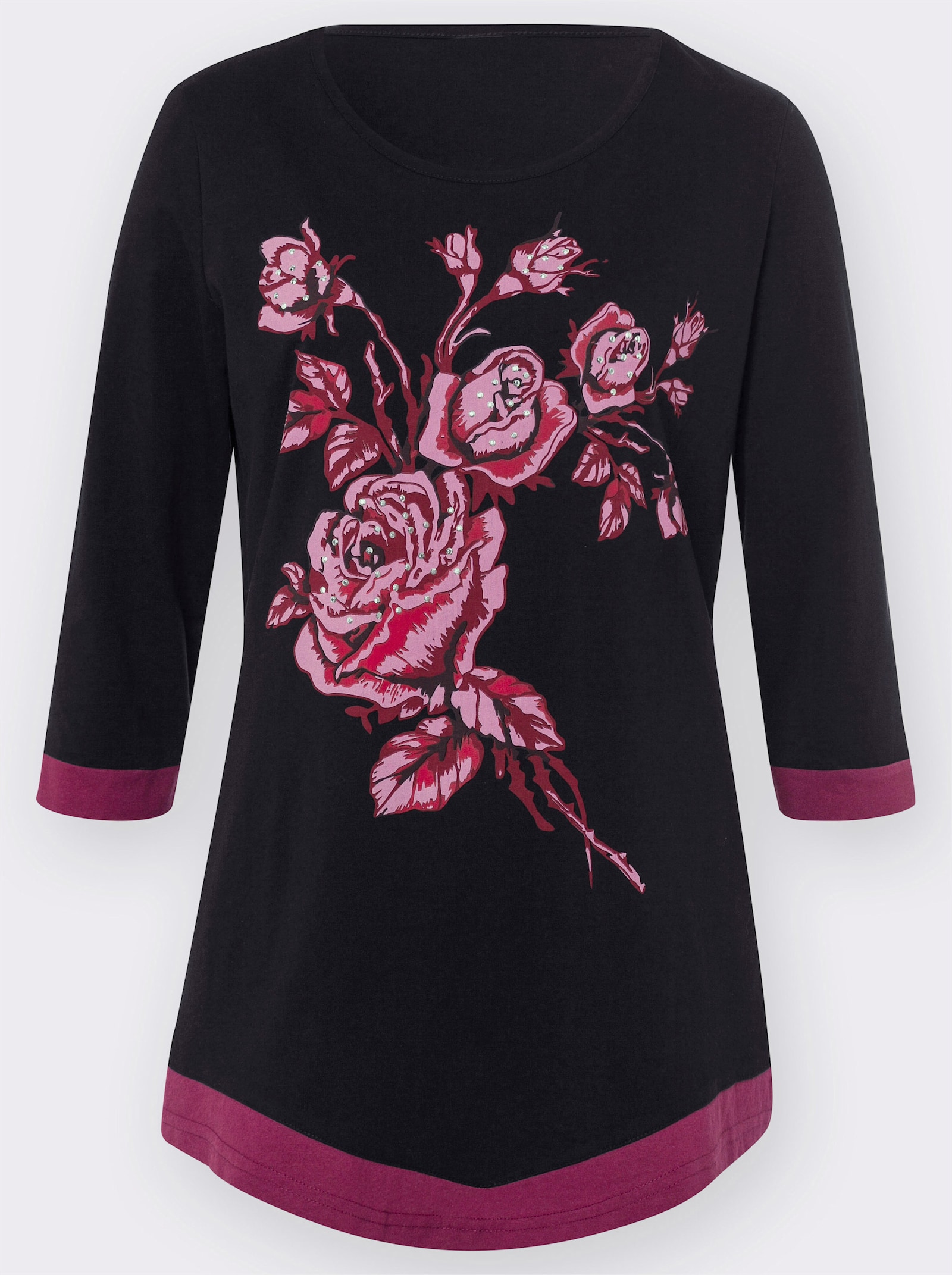 Tunikashirt mit Glitzersteinchen - schwarz-kirsche-bedruckt