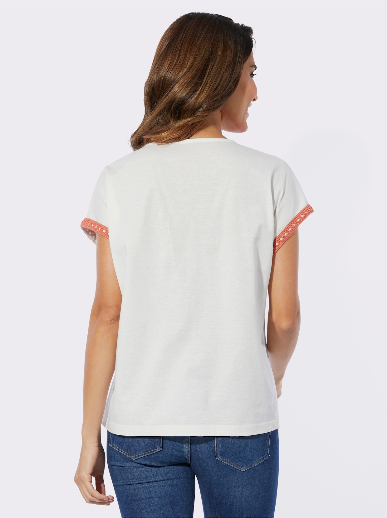 Shirt met V-hals - ecru/papaja bedrukt