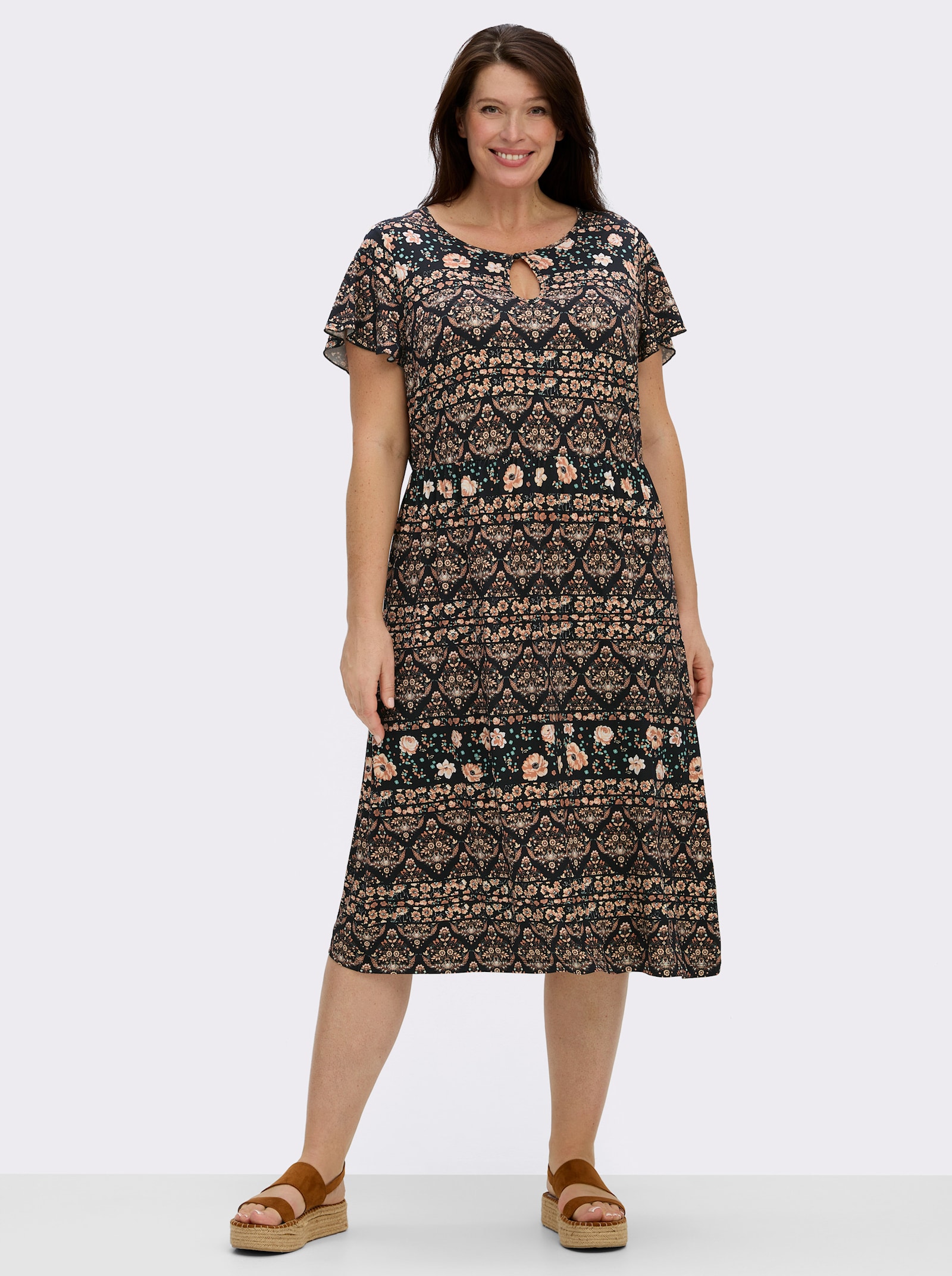 Jerseykleid mit Gummizug auf Taillenhöhe - papaya-schwarz-bedruckt