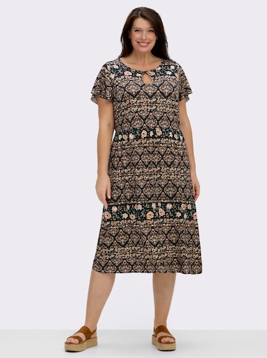Jerseykleid mit Gummizug auf Taillenhöhe - papaya-schwarz-bedruckt