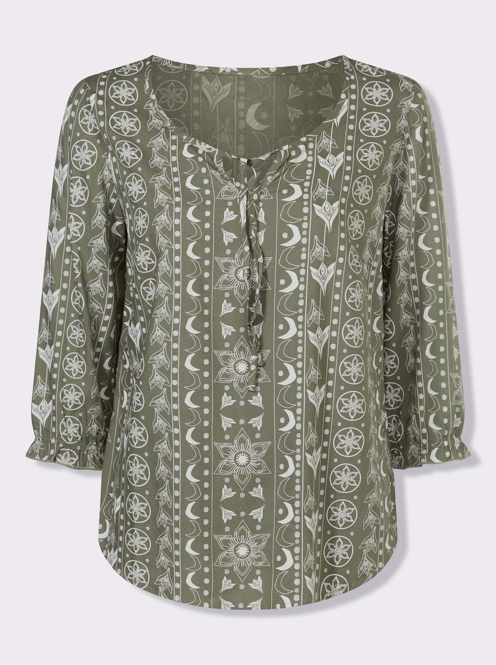 Schlupfbluse im Ethno-Dessin - khaki-ecru-bedruckt
