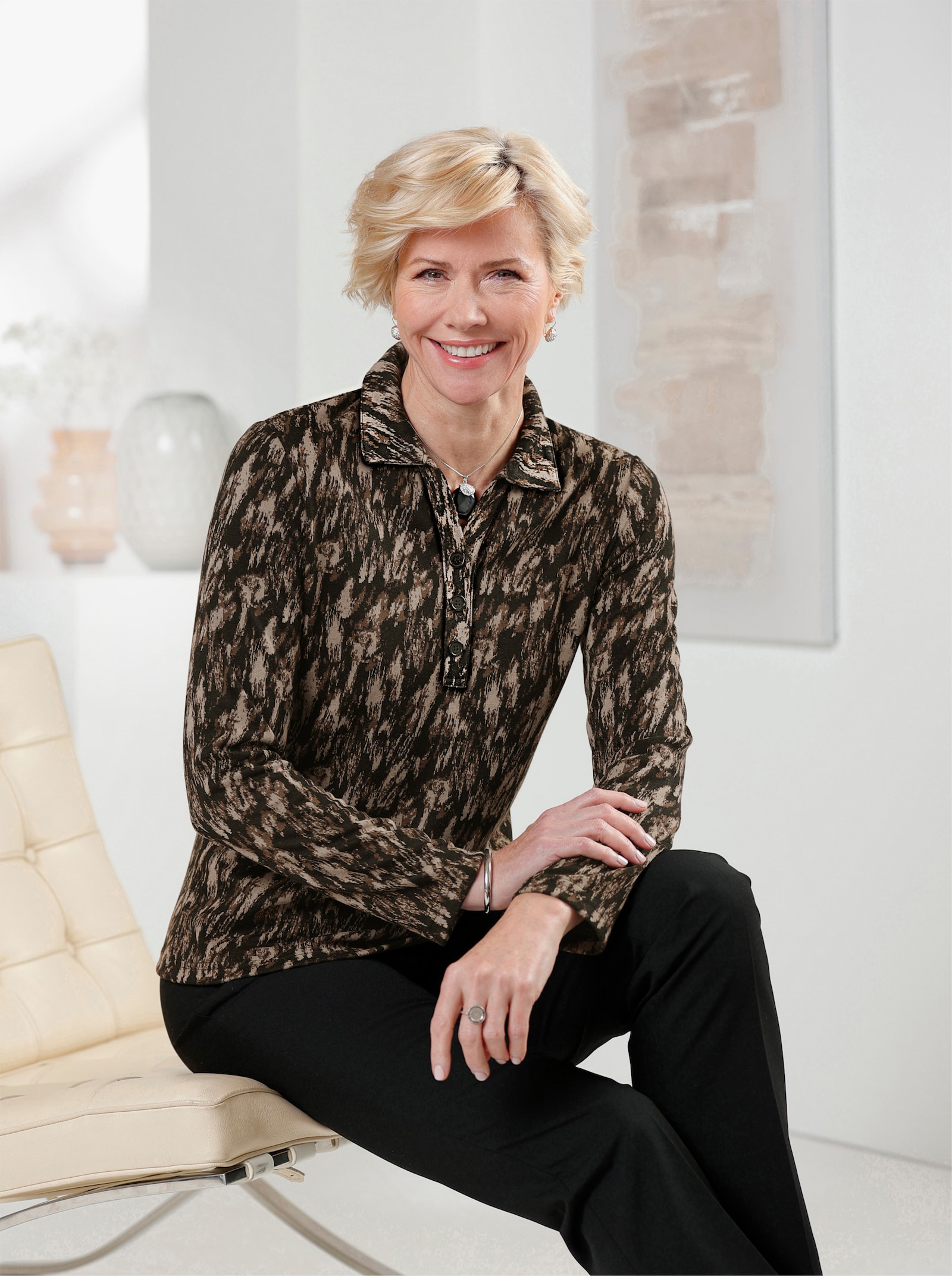 Poloshirt in Jacquard-Qualität - schwarz-braun-gemustert