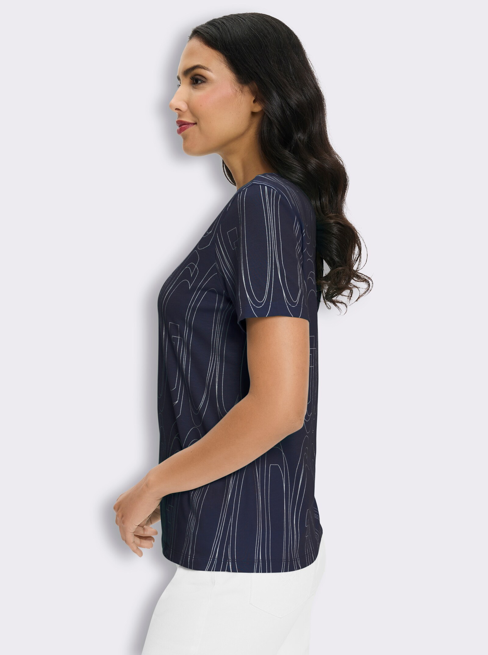 Kurzarmshirt mit Allover-Druck - marine-ecru-bedruckt