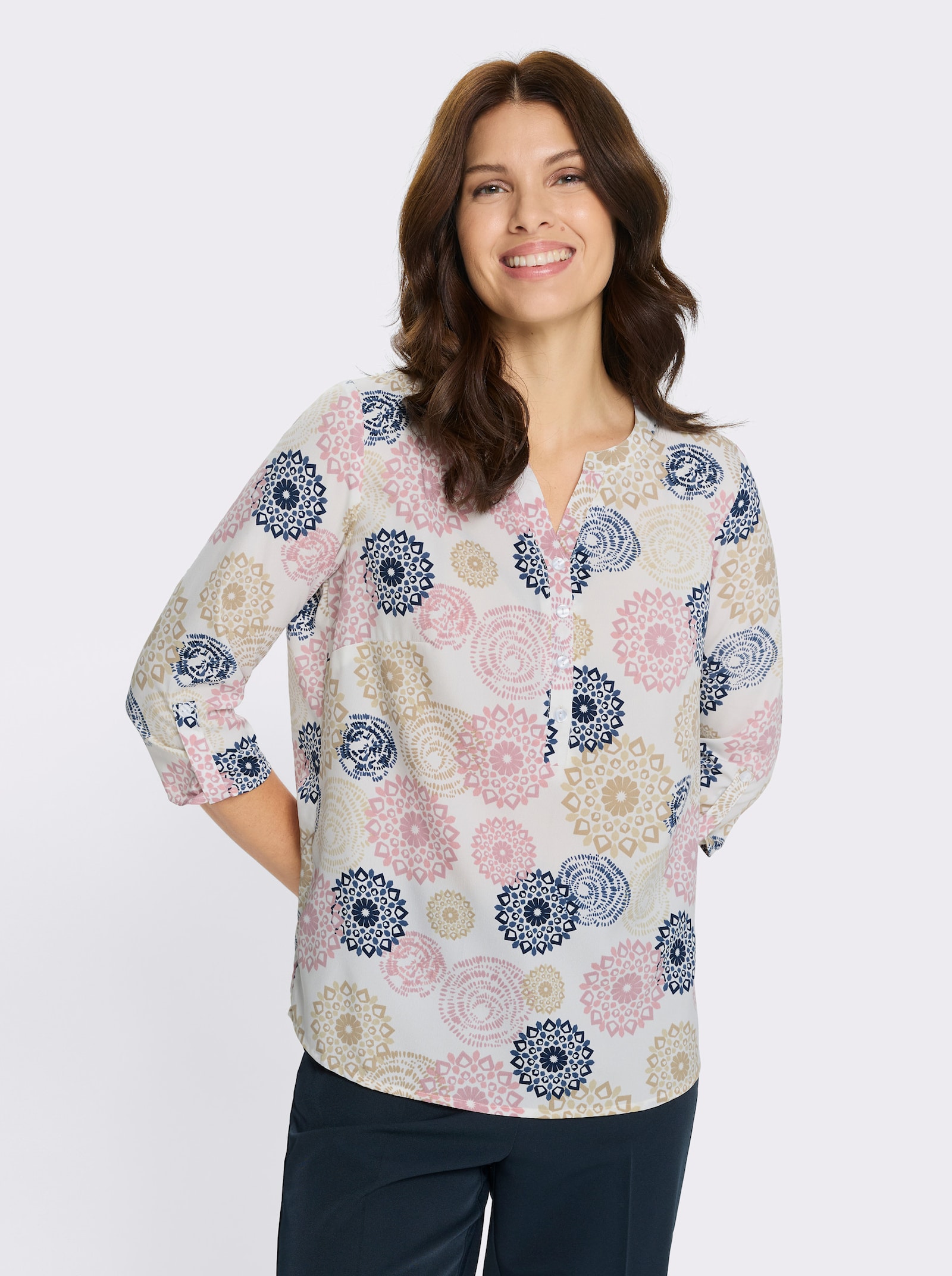 Schlupfbluse mit leicht abgerundetem Saum - ecru-mauve-bedruckt