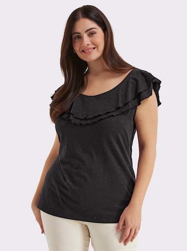 sheego Carmenshirt mit breitem Volant - schwarz