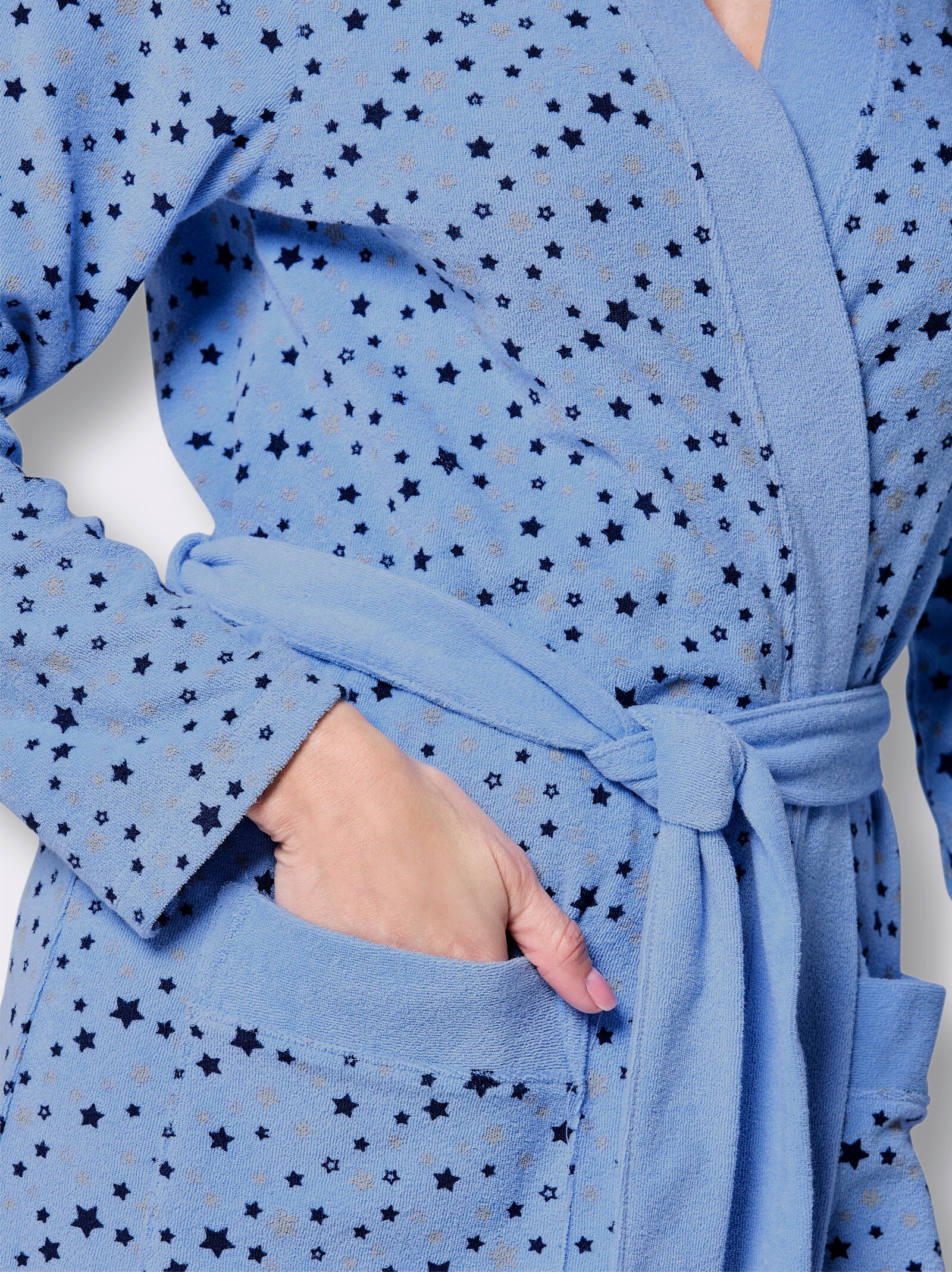 feel good Damenbademantel mit Sternenmuster - himmelblau-marine-bedruckt