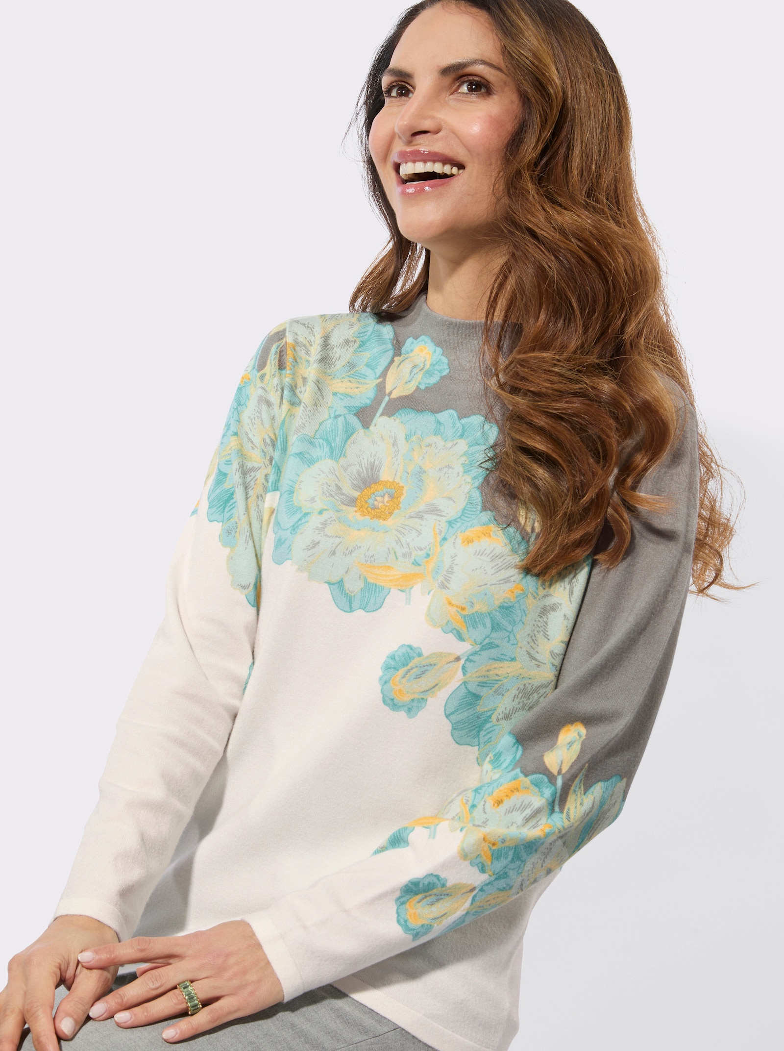 Langarm-Pullover mit Kelchkragen - ecru-salbei-bedruckt