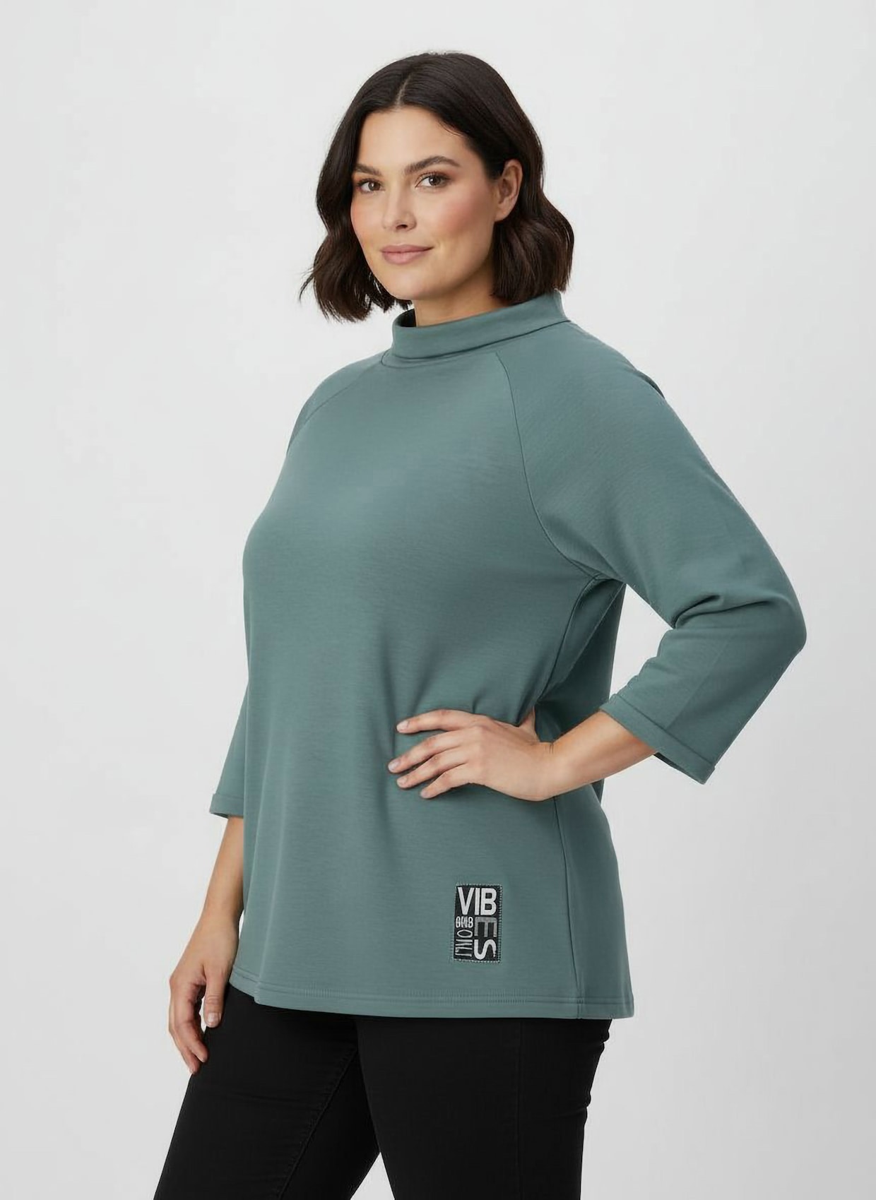 3/4-Arm-Shirt mit halsfernem Rollkragen - jade