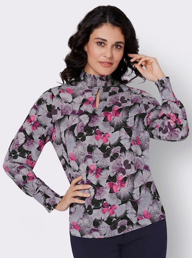 Druckbluse in Crêpe-Qualität - schwarz-flieder-bedruckt
