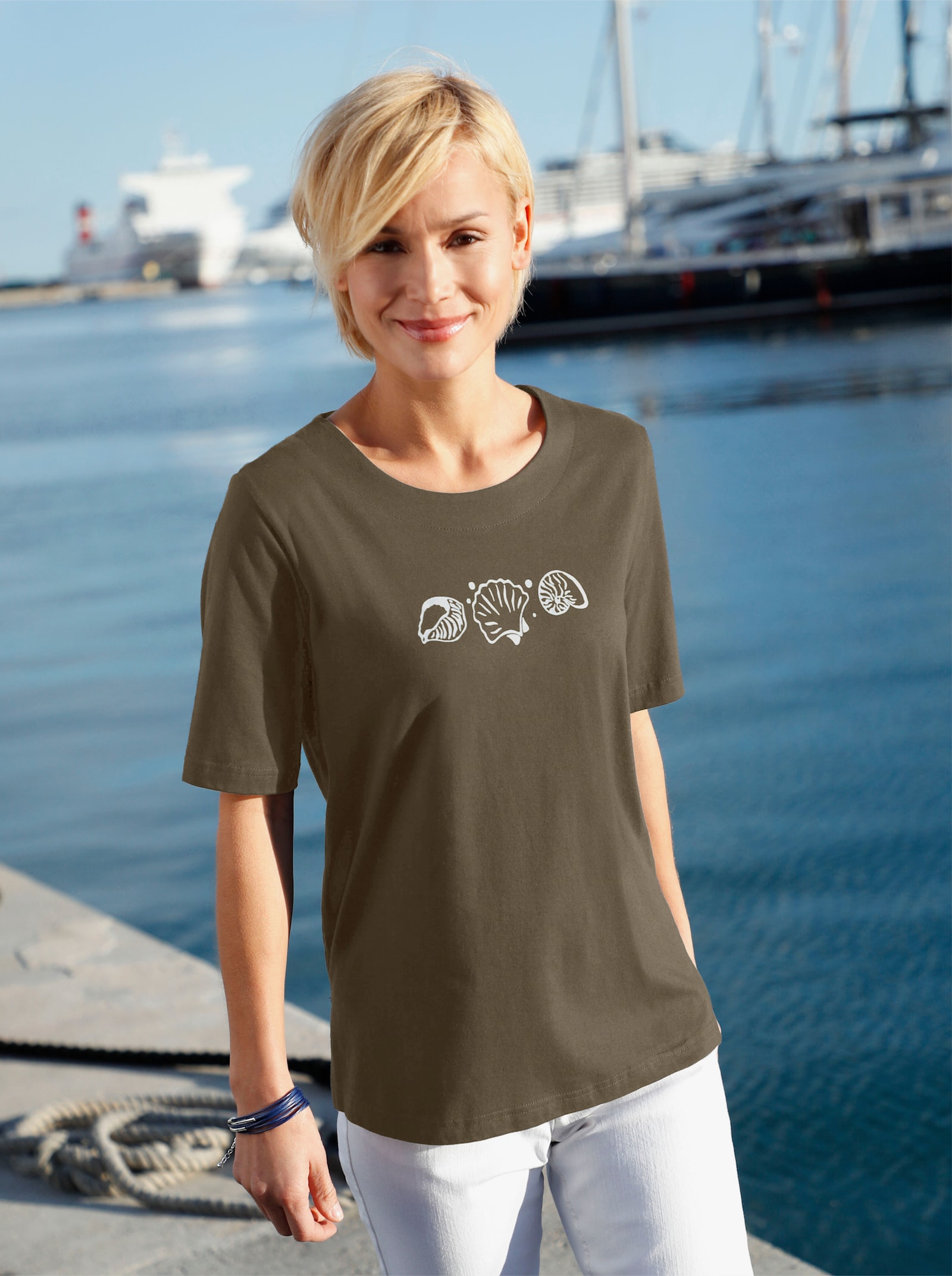 Tričko s krátkým rukávem a potiskem mušlí - olivová