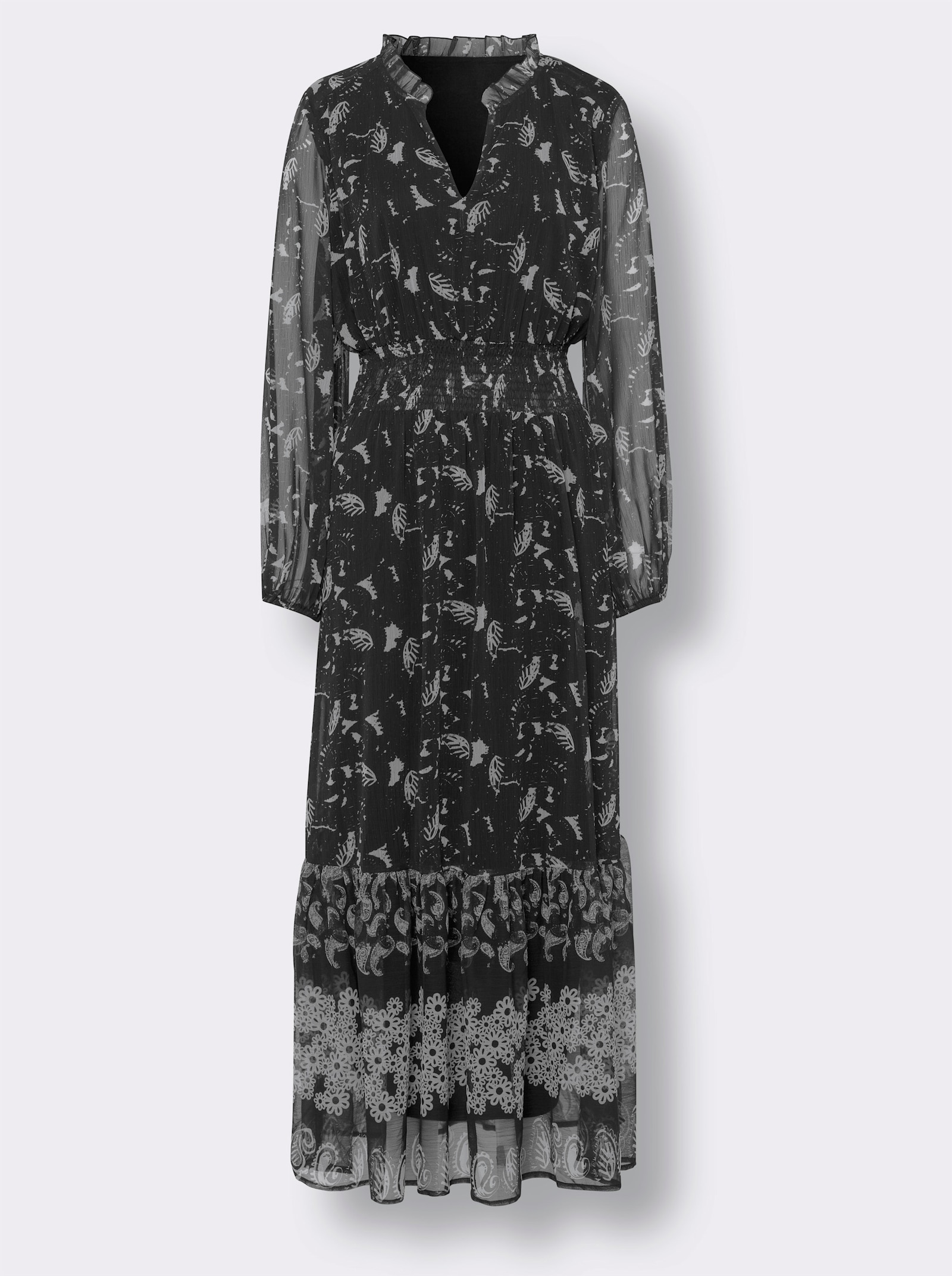heine Chiffonkleid mit Smokeinsatz in der Taille - schwarz-champagner-bedruckt
