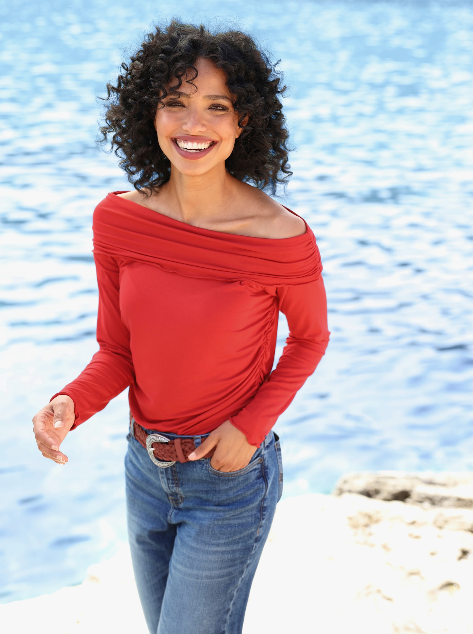 heine Carmenshirt mit Wellensaum - erdbeere