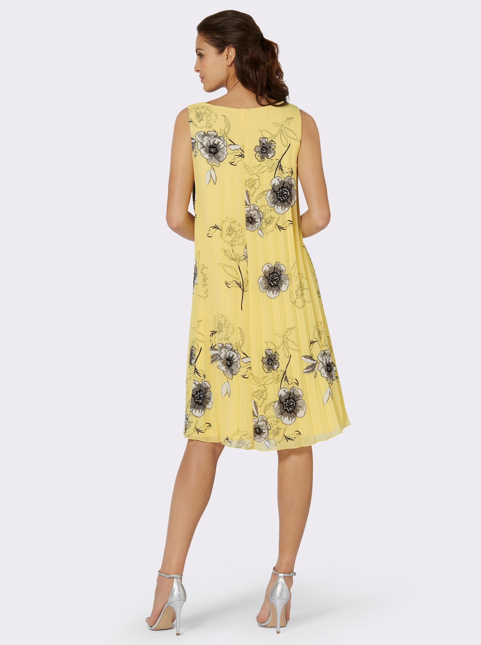 Plisseekleid aus Georgette, gefüttert - zitrone-grau-bedruckt