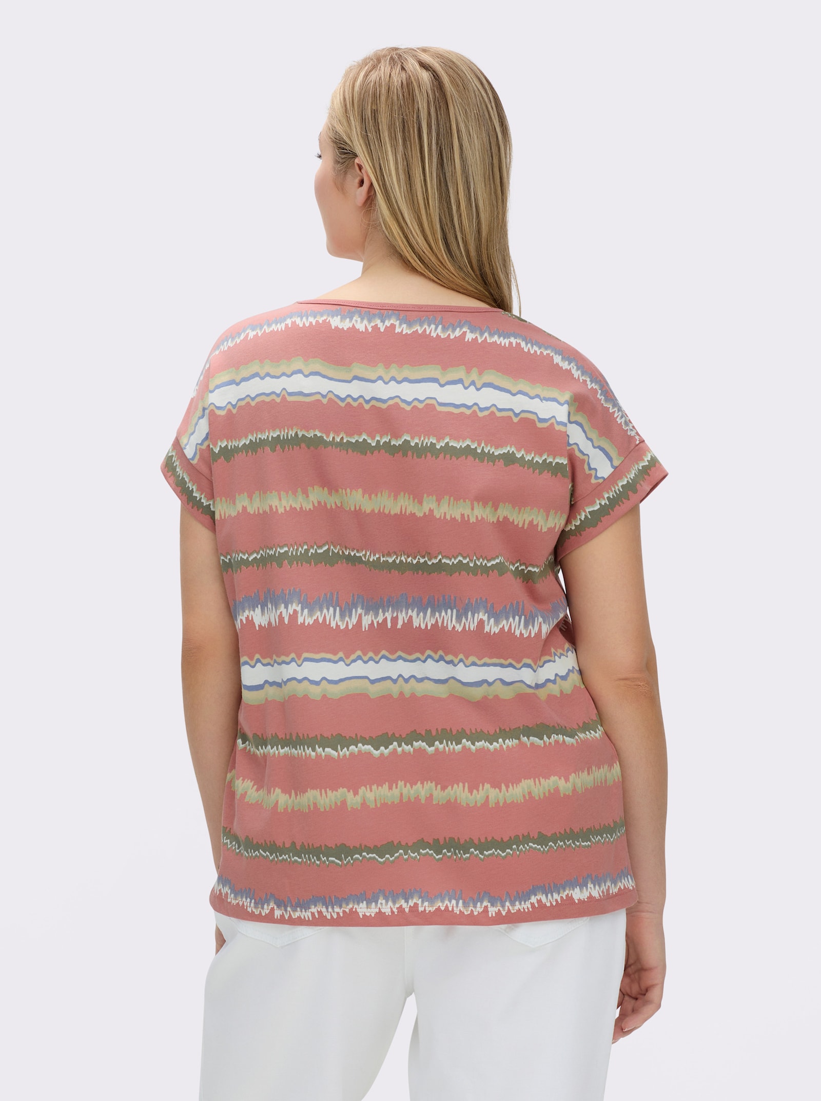Print-Shirt mit Ziernähten, geringelt - rosenholz-ecru-bedruckt