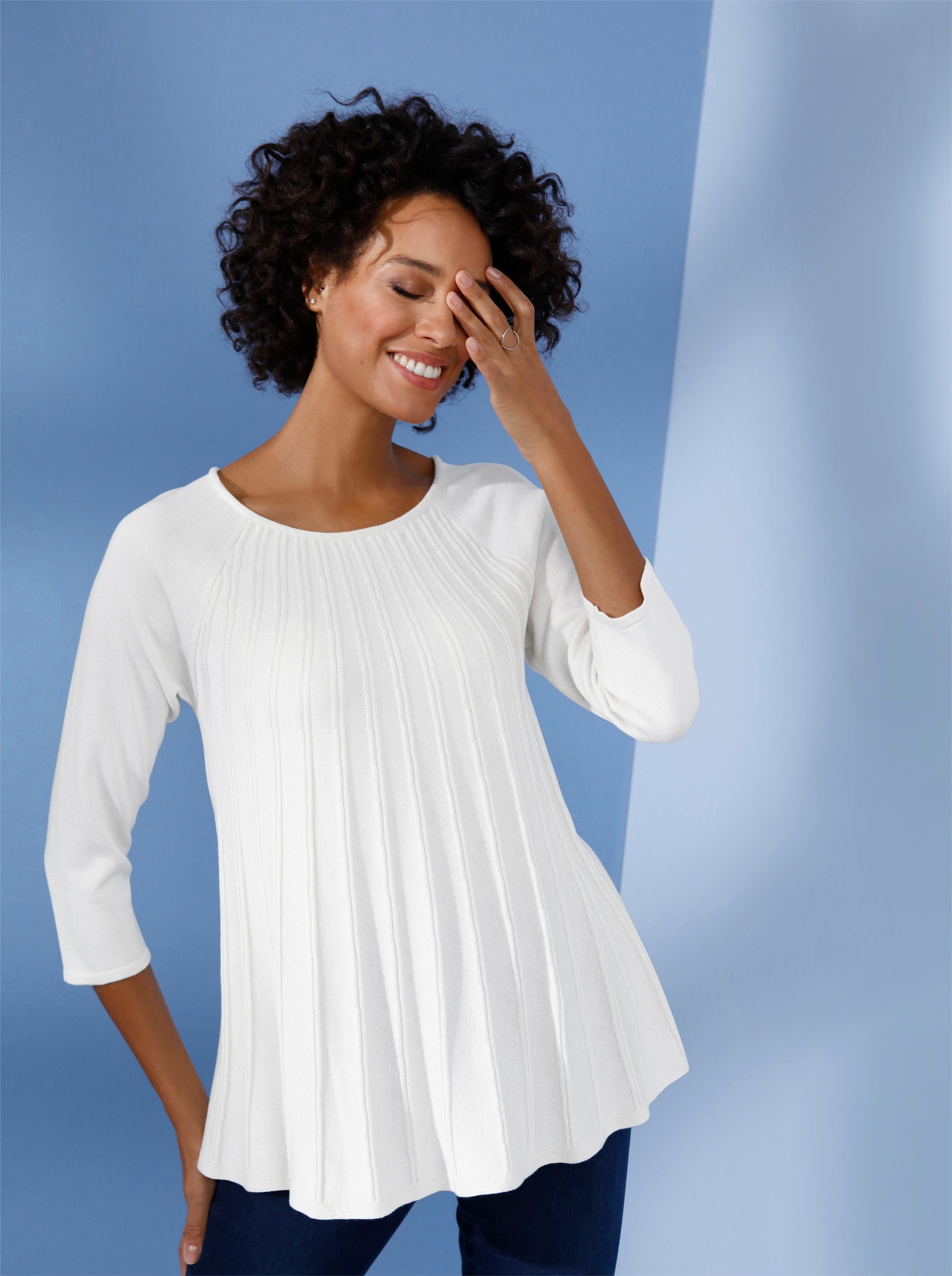 CREATION L PREMIUM Pullover met 3/4-mouwen in plissélook - champagne