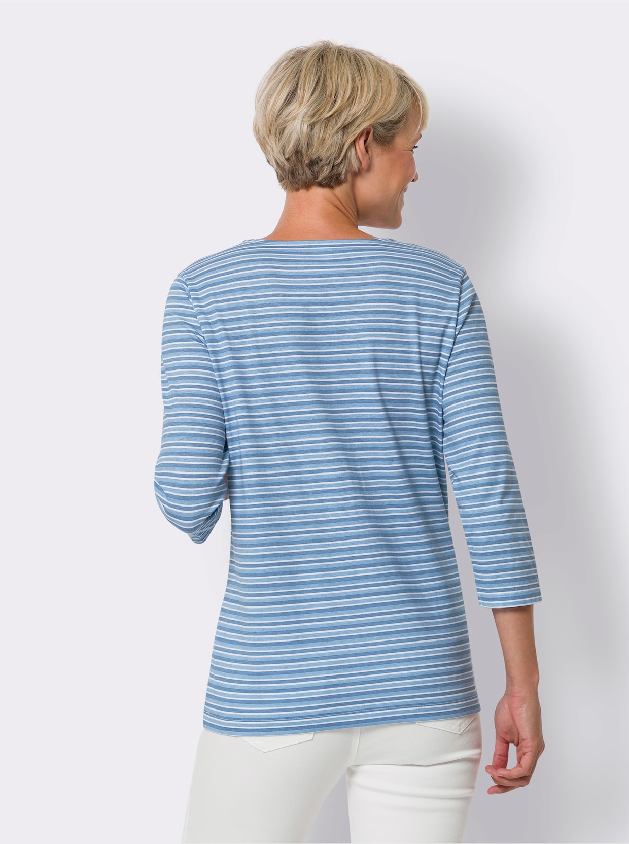 3/4-Arm-Shirt - mittelblau-weiss-geringelt