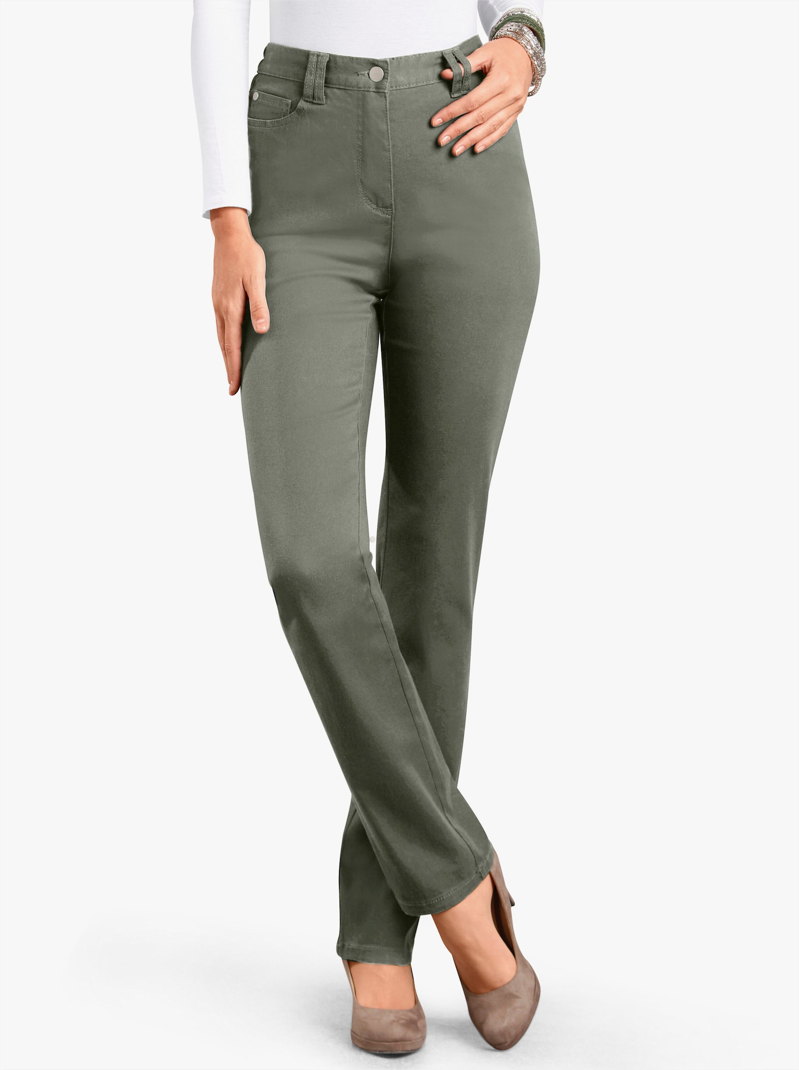 Stretchbroek met studs op de zakken - rietgroen