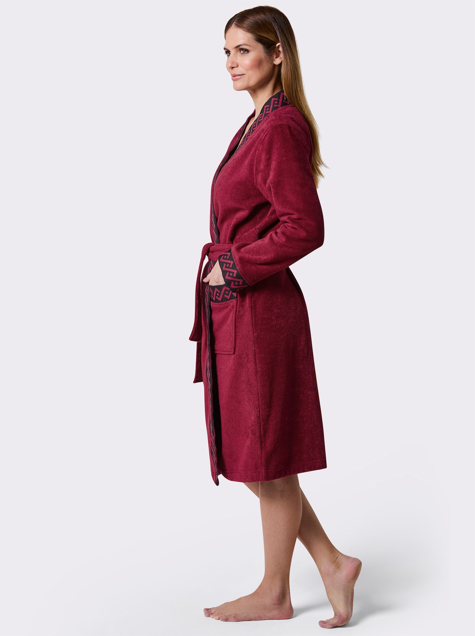 feel good Damenbademantel mit Webblende - dunkelrot-schwarz