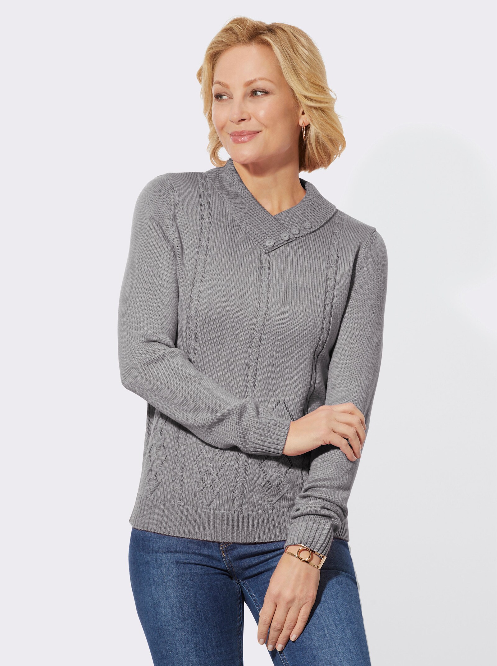 Pullover met V-hals en sierknopen - steengrijs