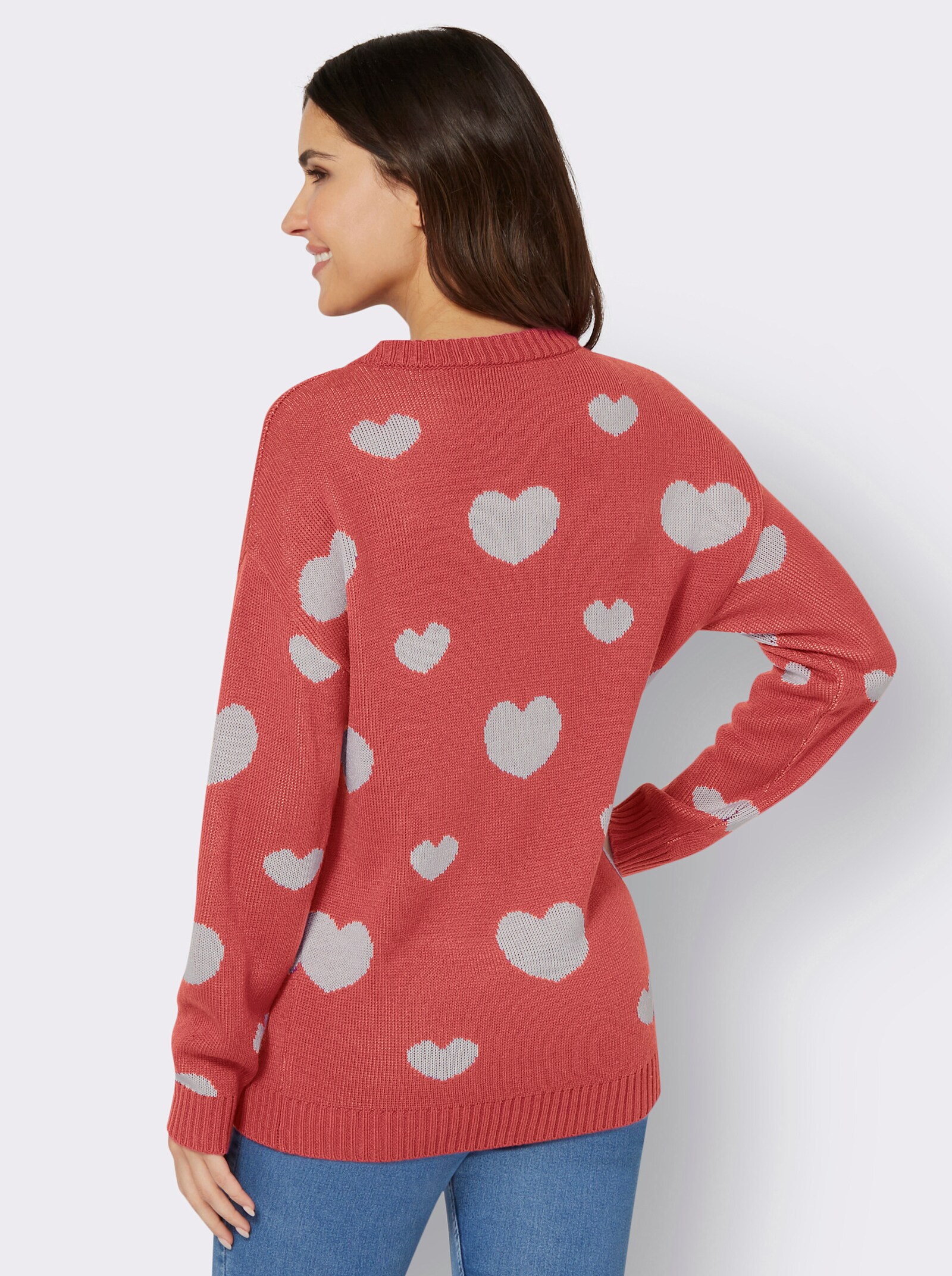 Langarm-Pullover im Herzchen-Dessin - grapefruit-ecru-gemustert