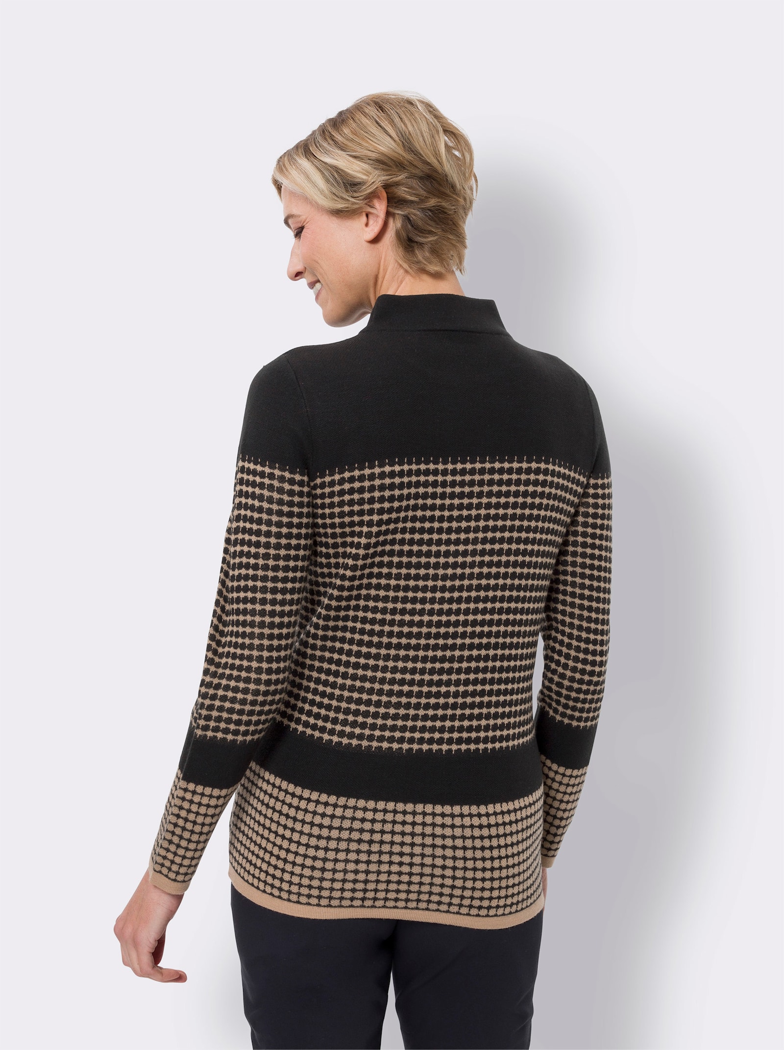Žakárový svetr dvoubarevného vzhledu - velbloudí-černá-vzor
