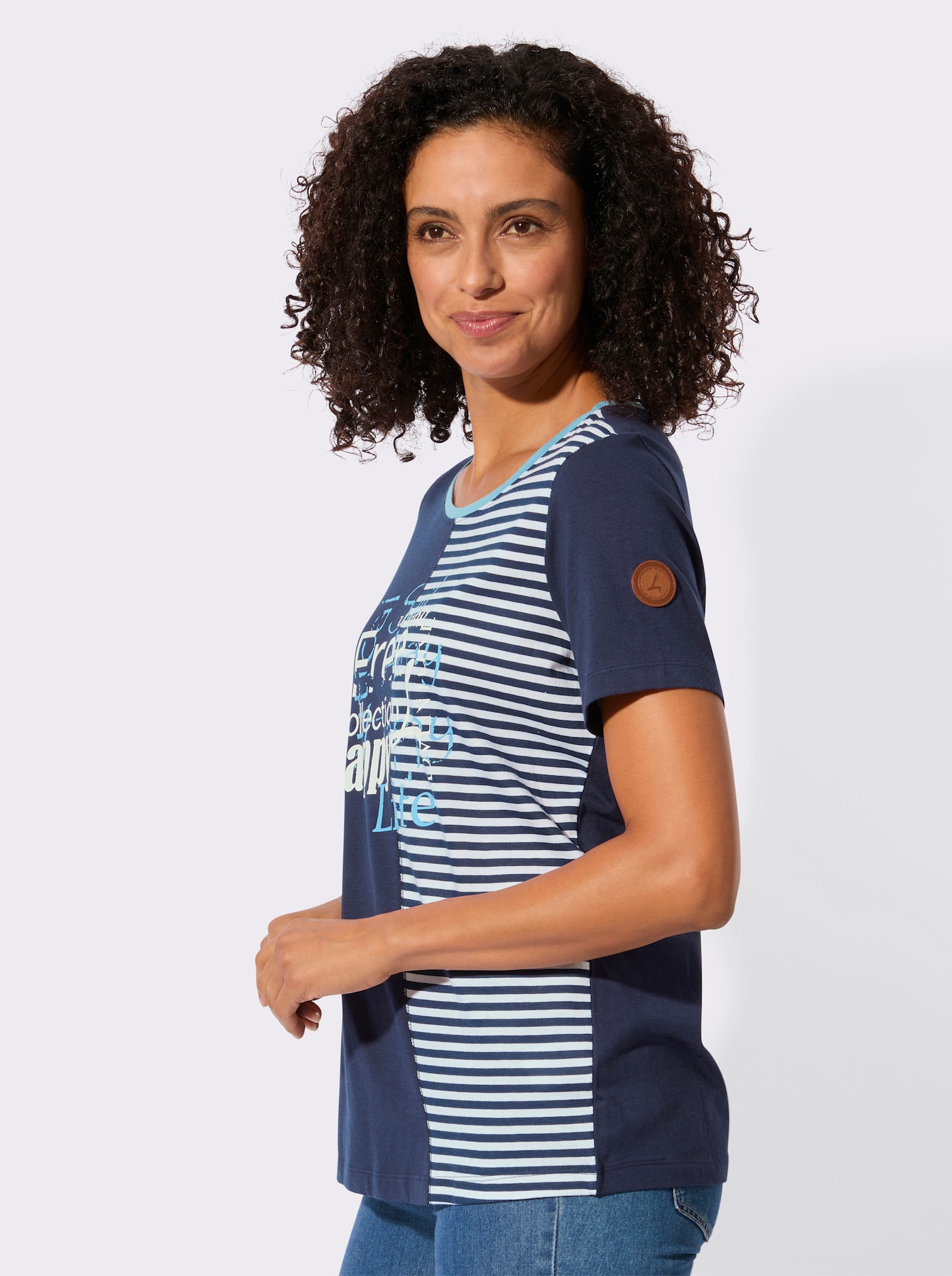 Rundhalsshirt mit Schriftzug und Streifen-Print - marine-himmelblau-bedruckt
