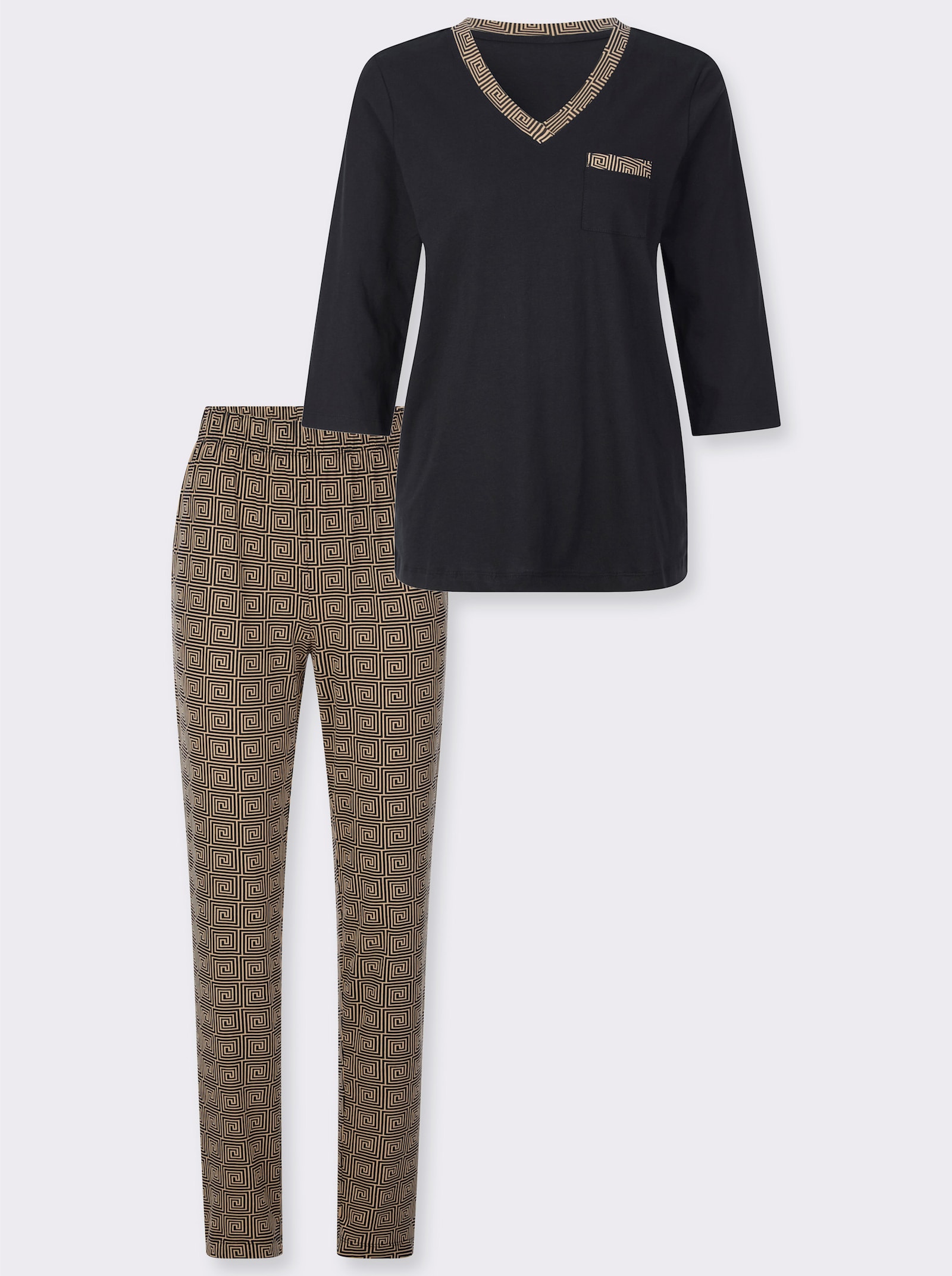 Pyjamas med hel resårlinning - svart-kamel, med tryck