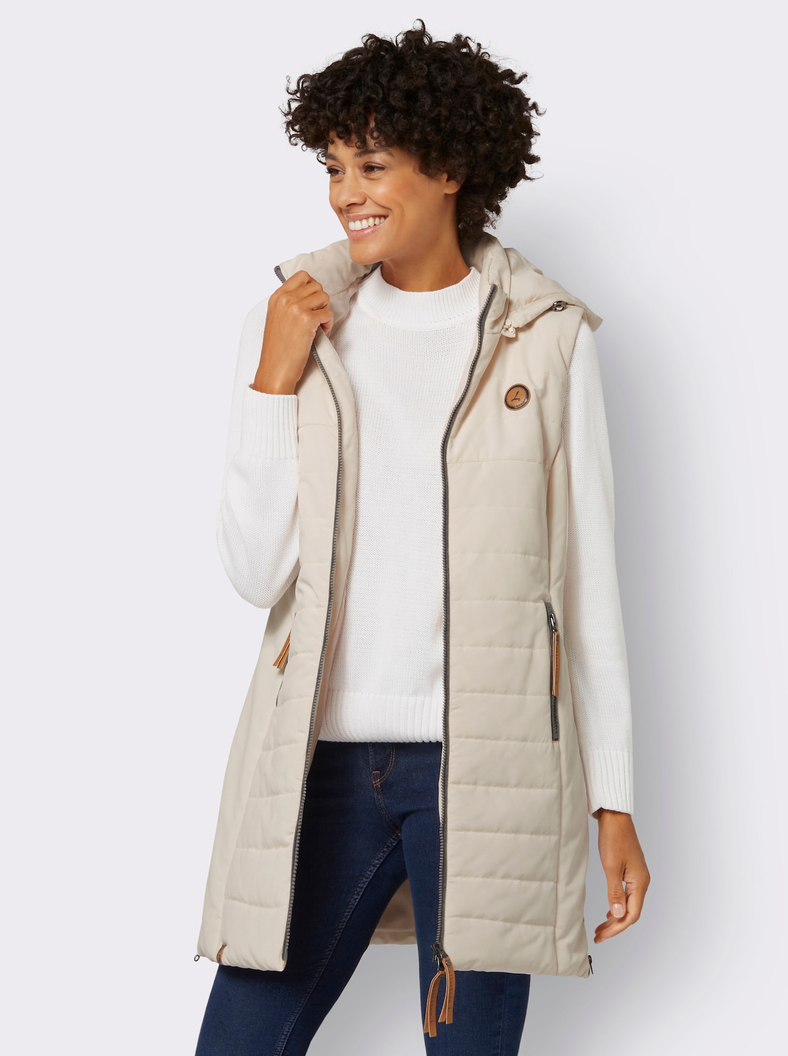 Lange bodywarmer met afneembare capuchon - ivoorkleur