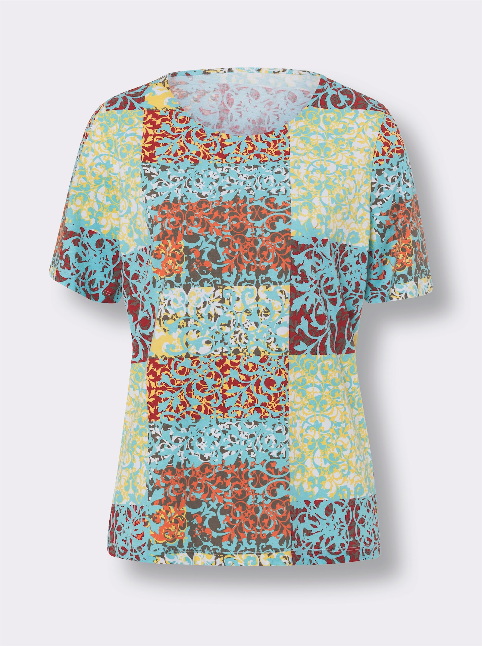 Kurzarmshirt mit Patchwork-Druck - zitrone-aquamarin-bedruckt