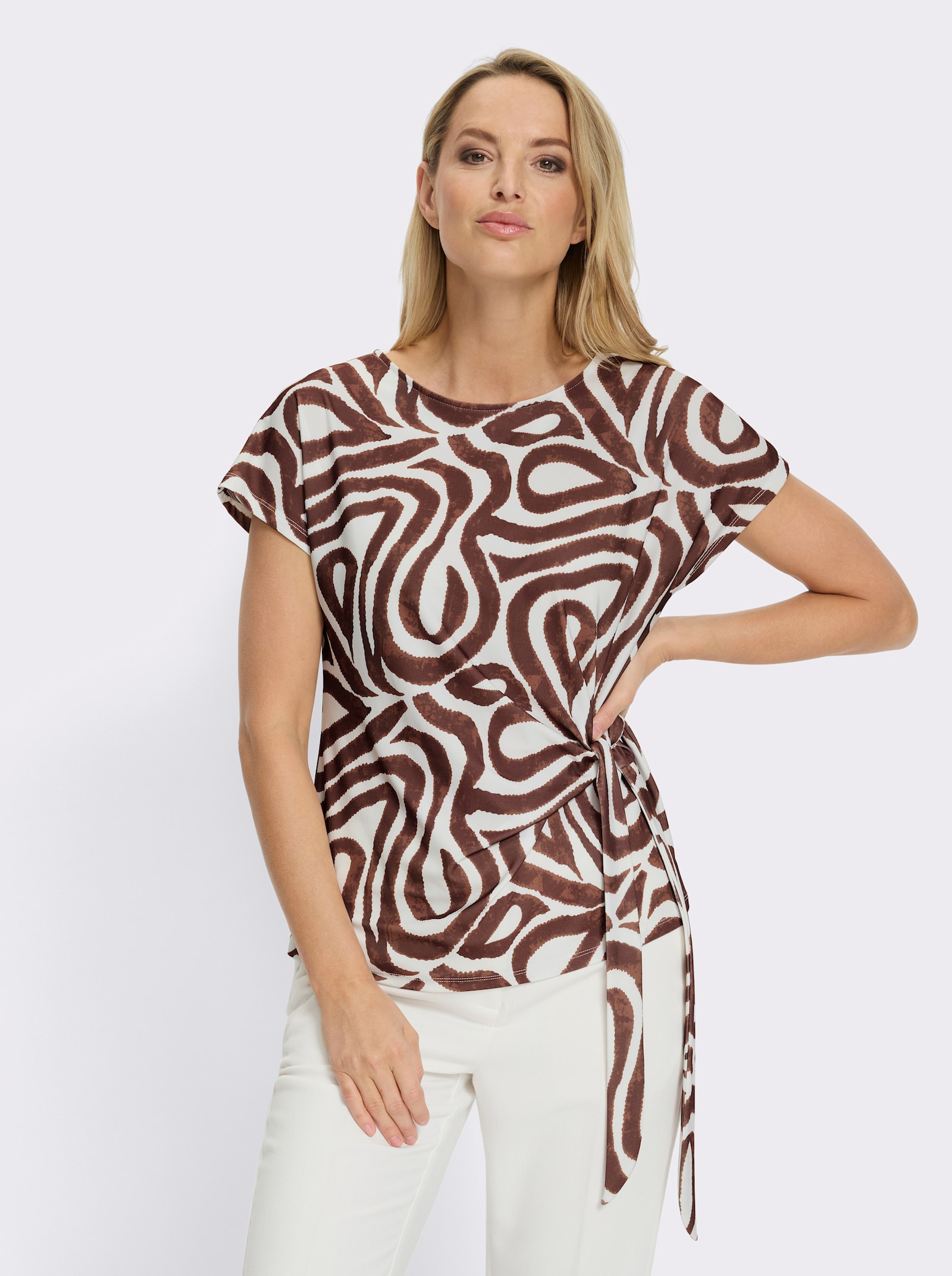 heine Kurzarmshirt in Wickel-Optik - ecru-schoko-bedruckt