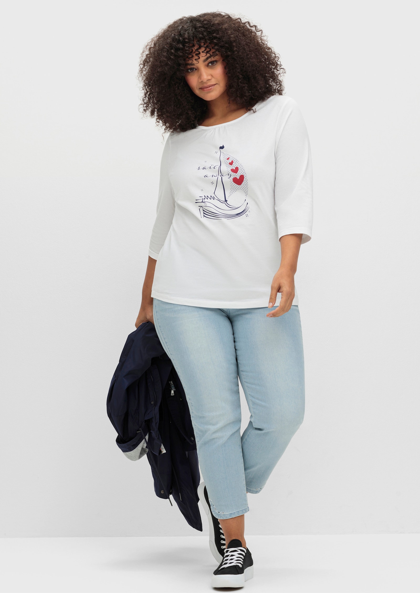 3/4-Arm-Shirt aus reiner Baumwolle - ecru-marine