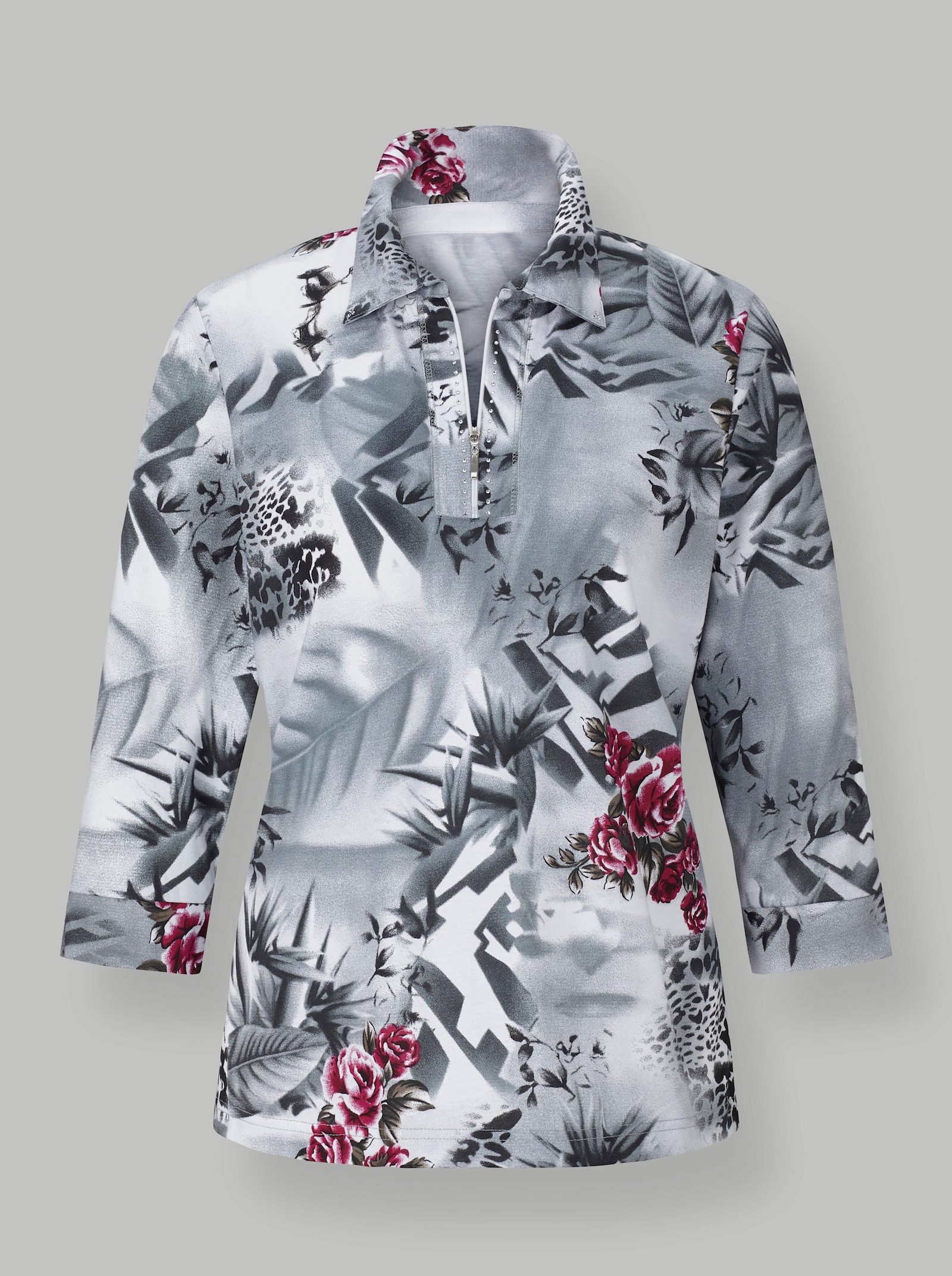 Poloshirt met dierenvacht en bloemenprint - fuchsia gedessineerd