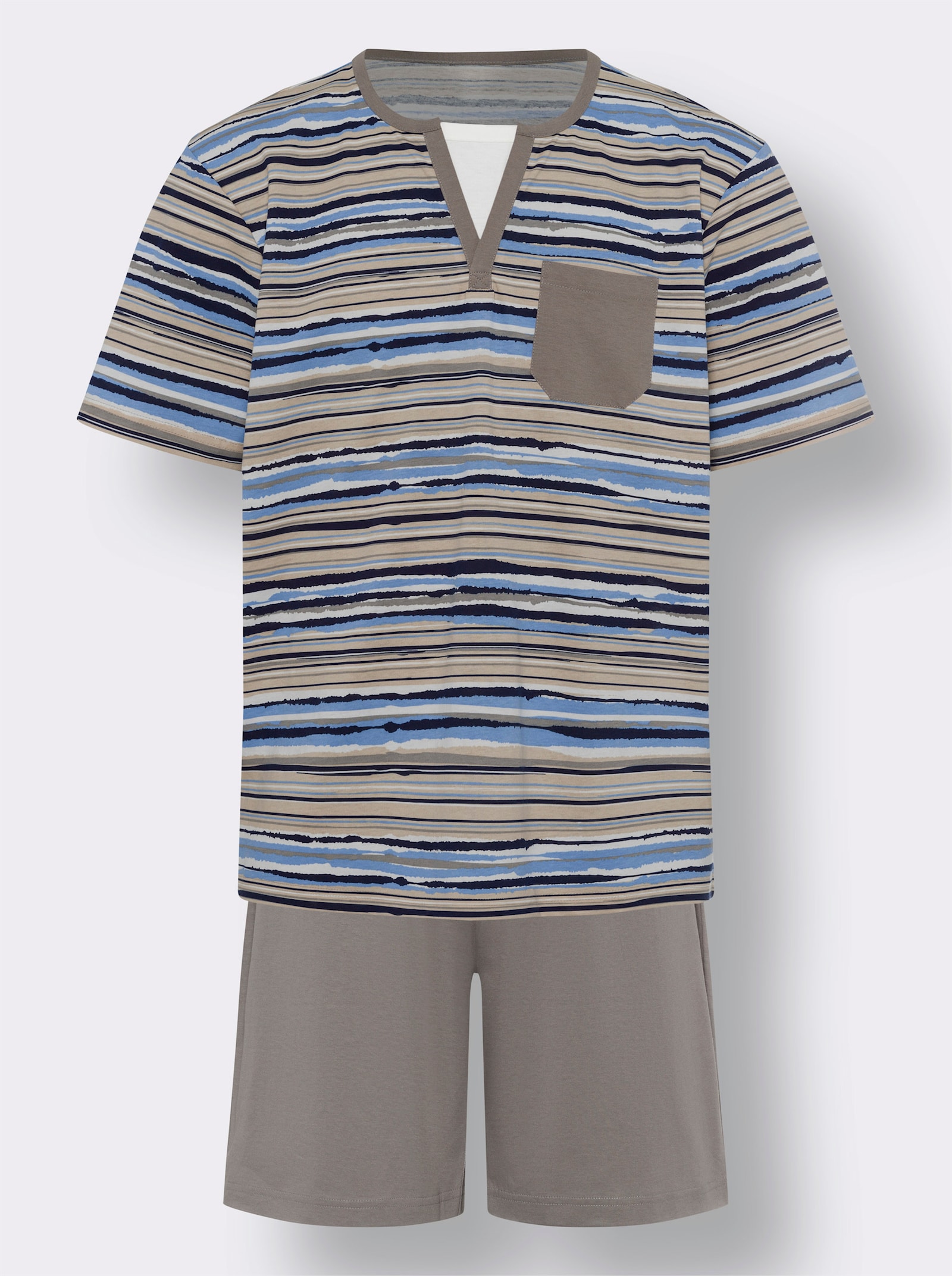 Shortama met inzet bij de hals - hemelsblauw-beige-bedrukt