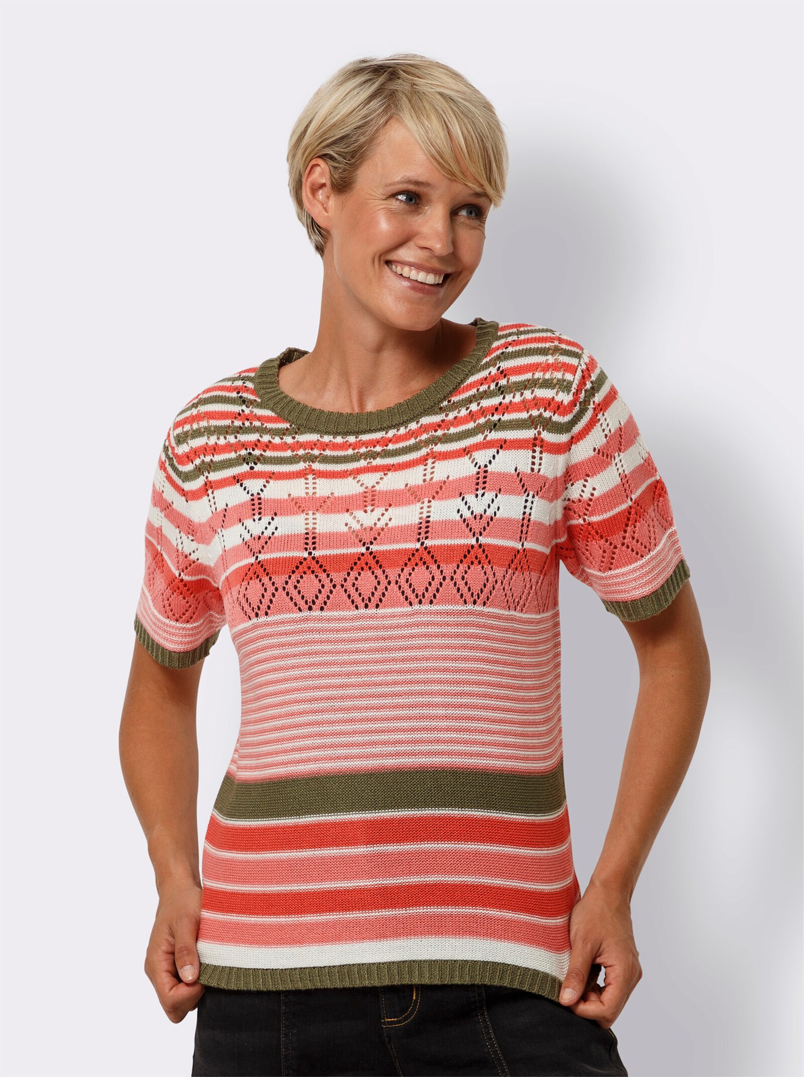 Ažúrový pulóver s pruh. vzorom - Grapefruitovo-kaki pásikovaná